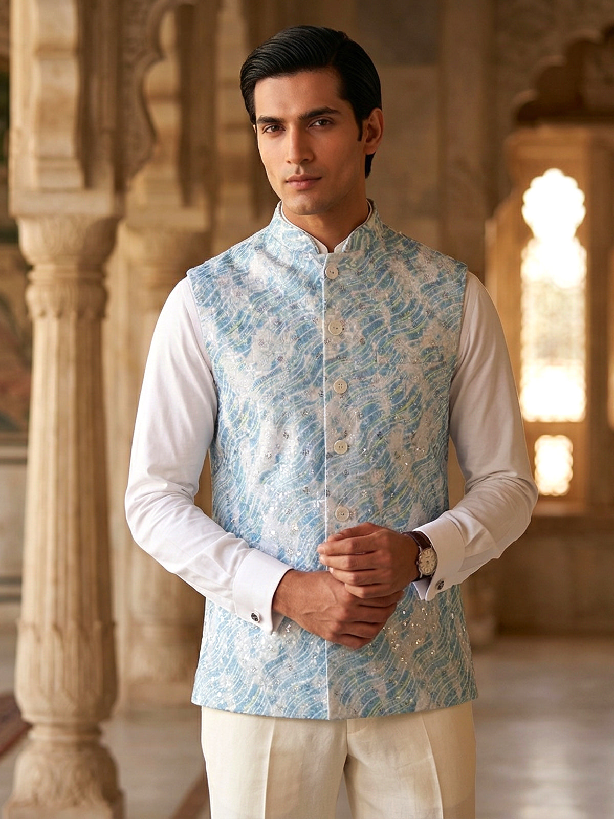 Blue printed cotton silk waistcoat for men