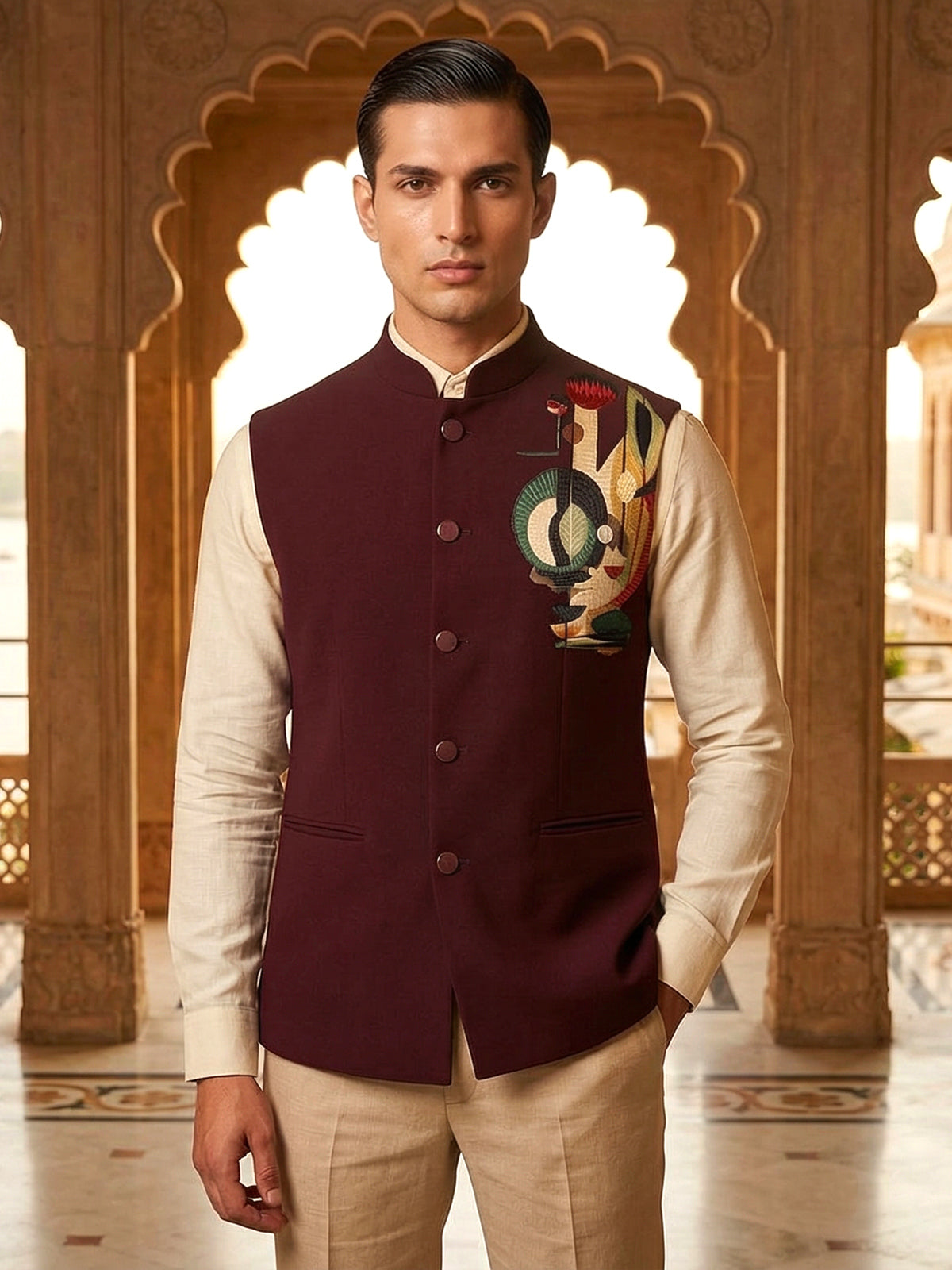Wine embroidered terry rayon wedding waistcoat
