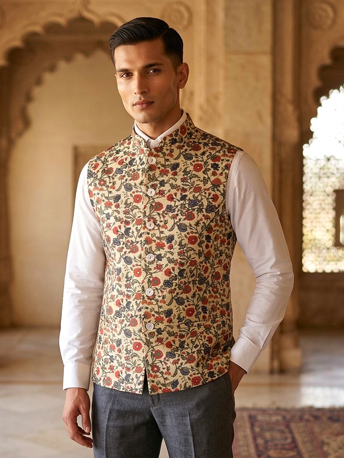 Cream floral printed cotton silk waistcoat