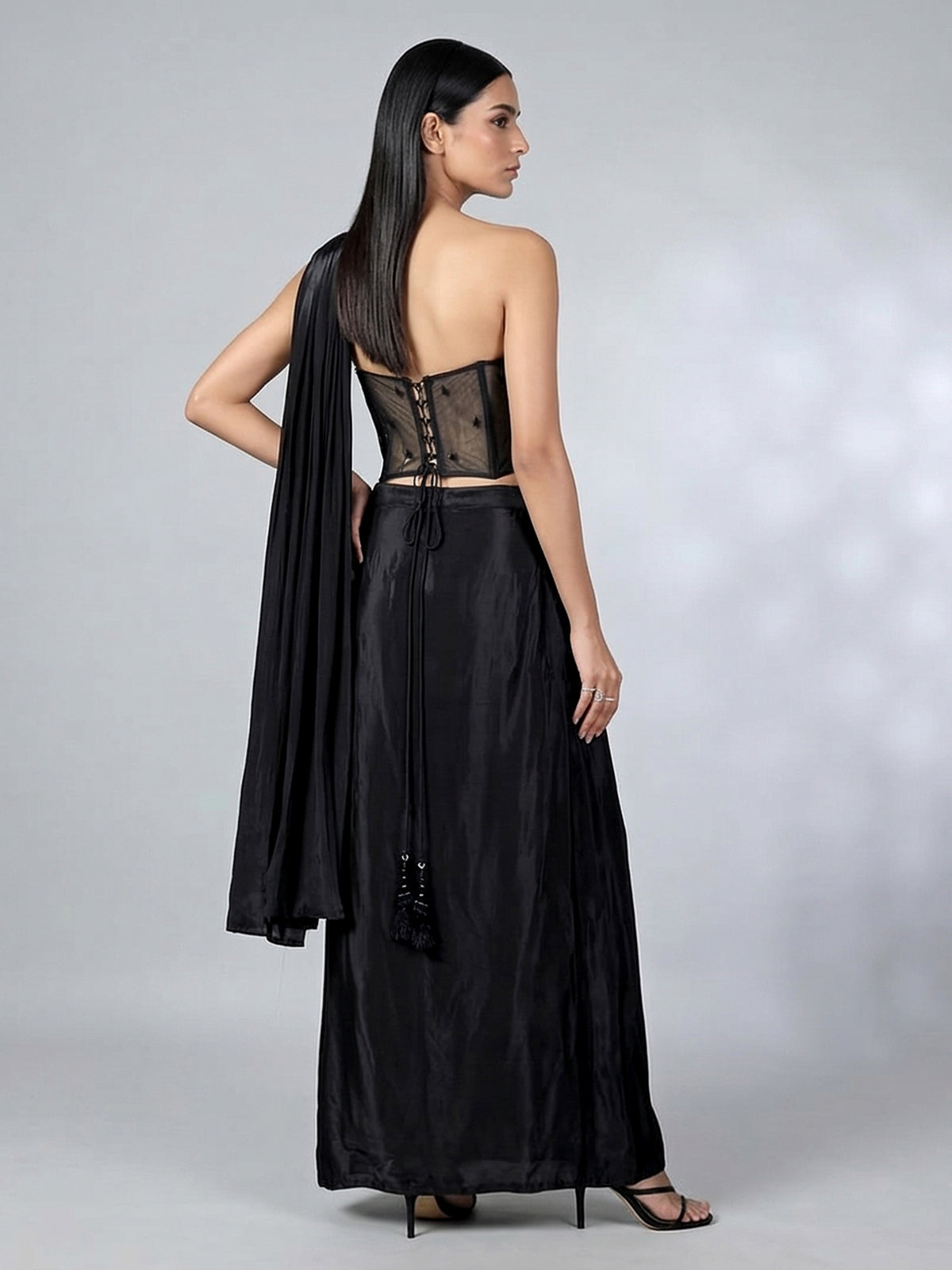 Black satin silk mirror designer suit with attached dupatta