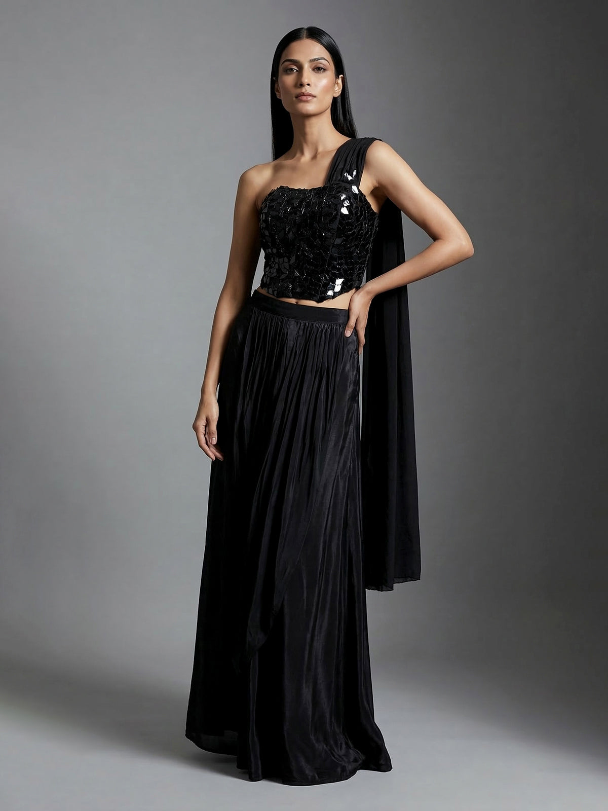 Black satin silk mirror designer suit with attached dupatta