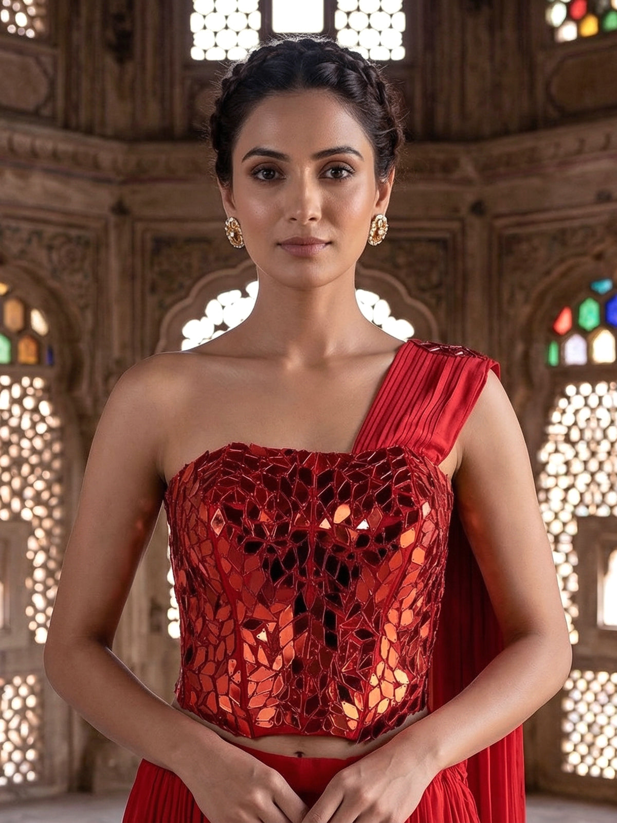 Red satin silk mirror designer suit with attached dupatta