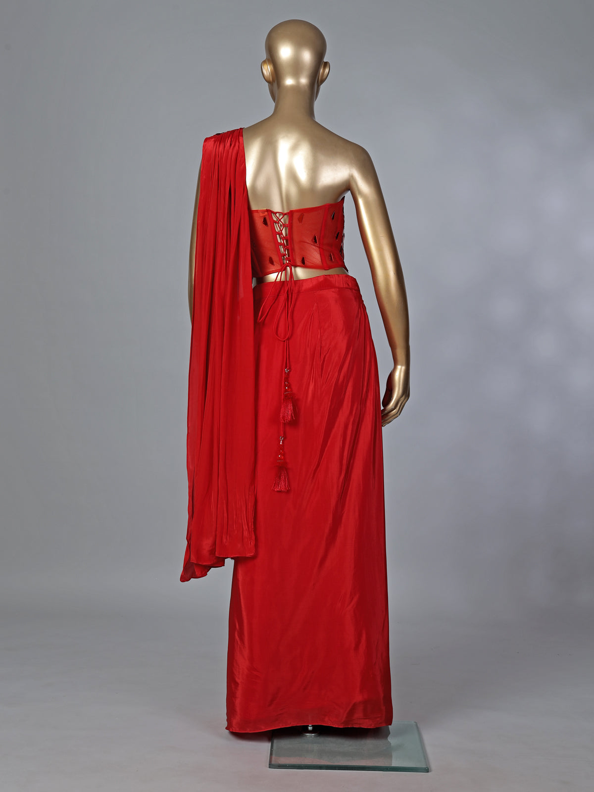 Red satin silk mirror designer suit with attached dupatta