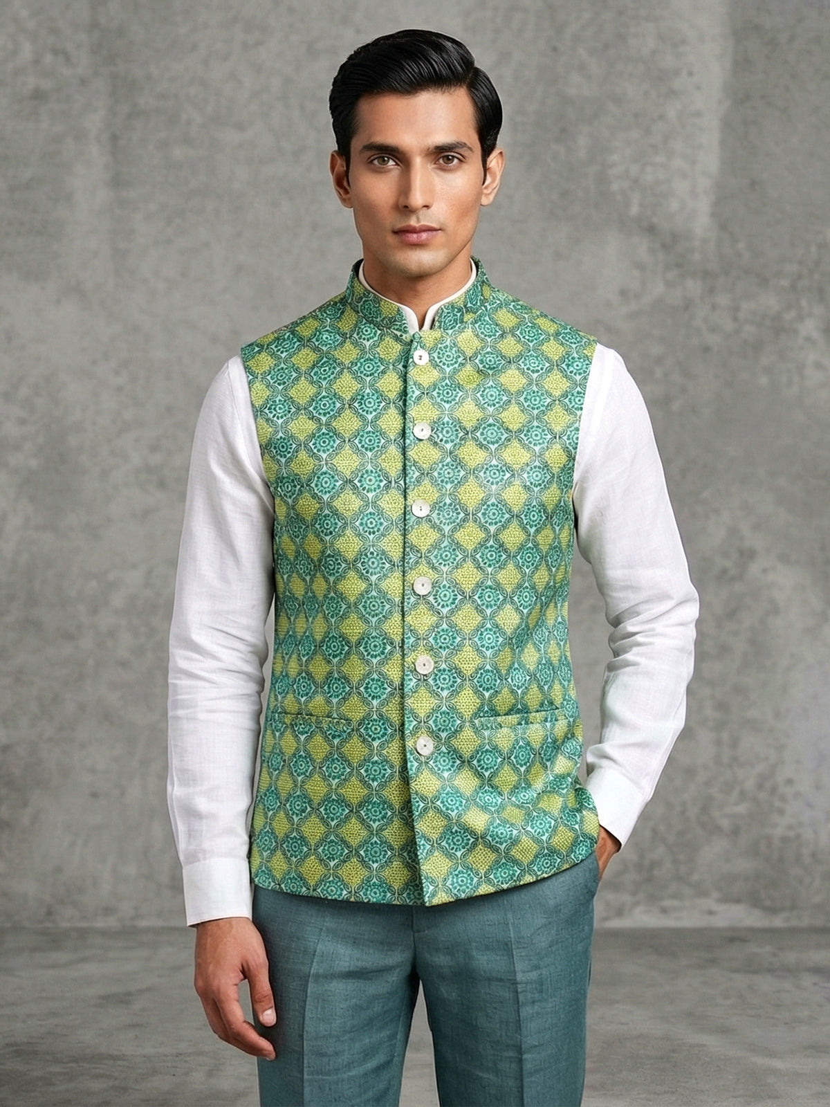 Sage green silk printed festive waistcoat