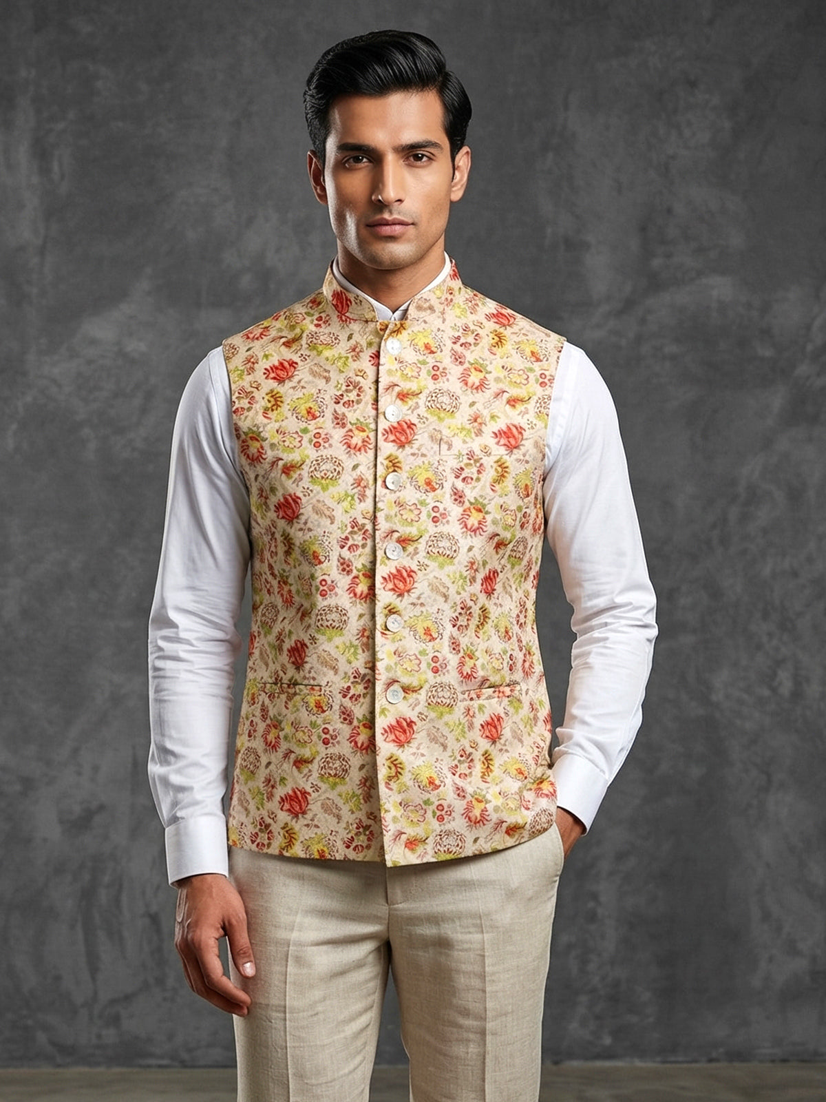 Cream and pink silk printed wedding waistcoat