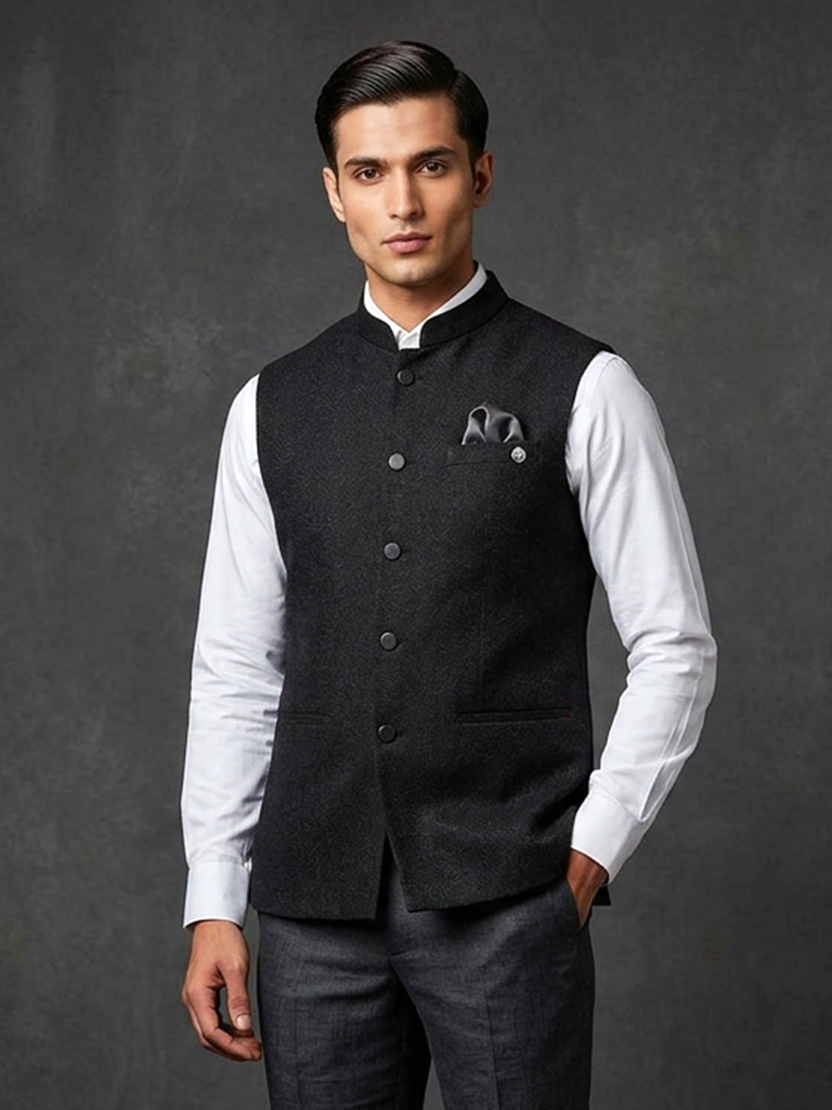 Black plain cotton silk waistcoat