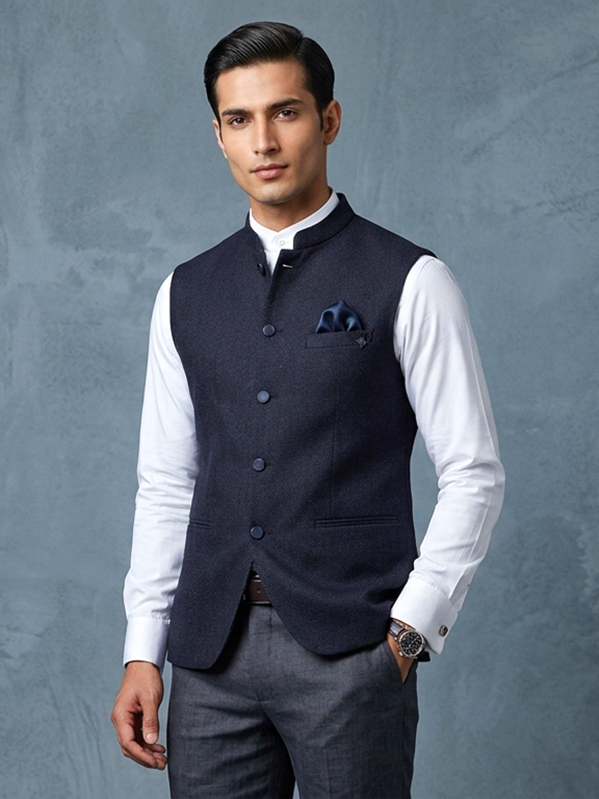 Dark navy plain cotton silk waistcoat
