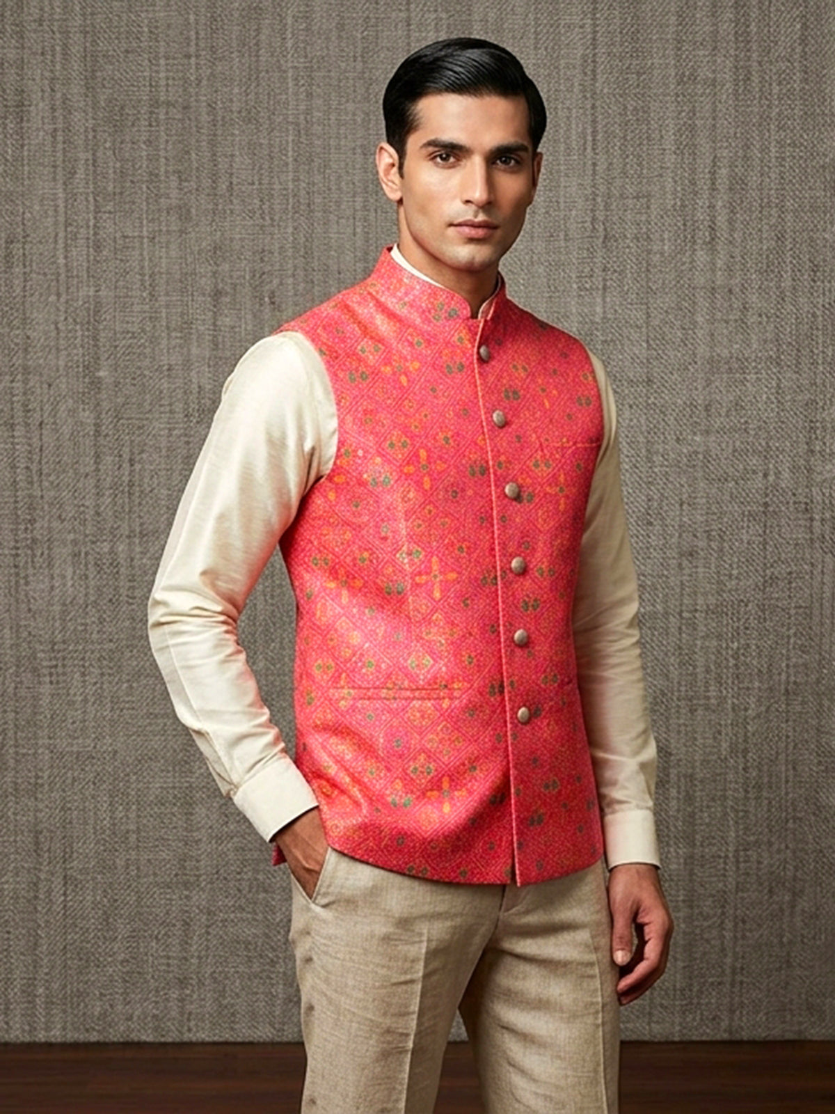 Rani pink printed cotton silk waistcoat with zari work