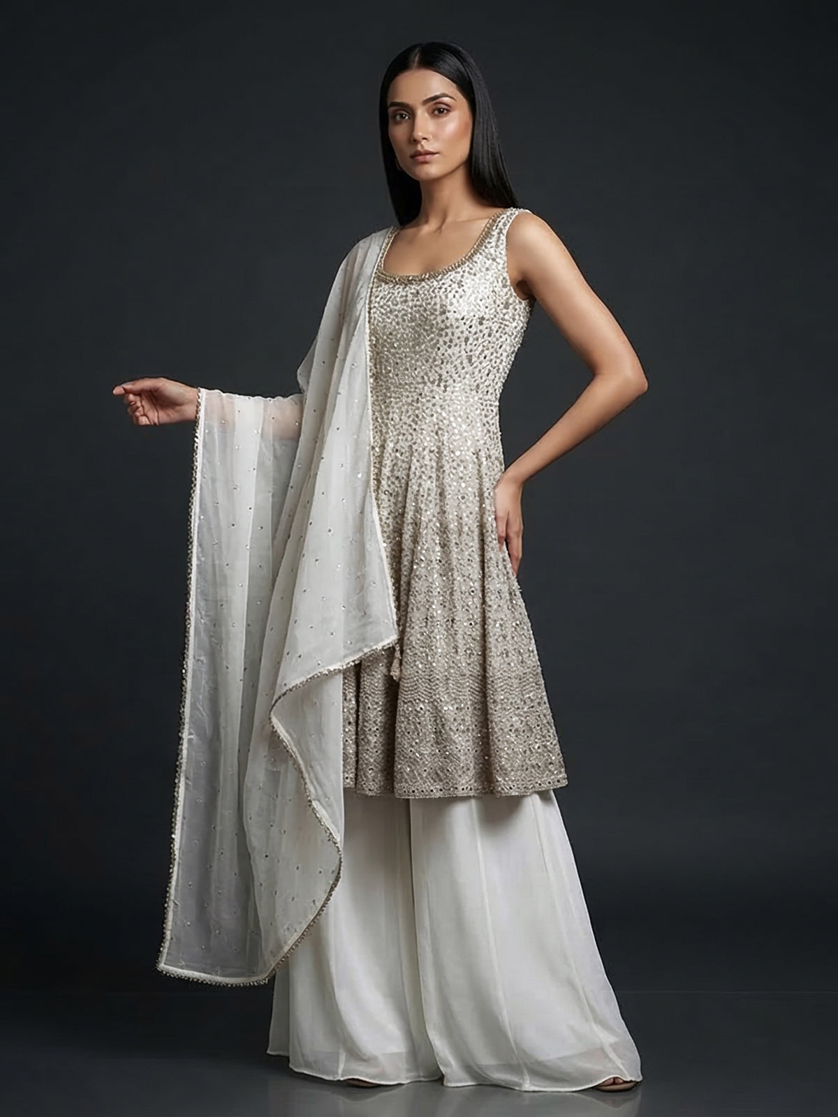 White georgette pakistani style salwar suit with palazzo