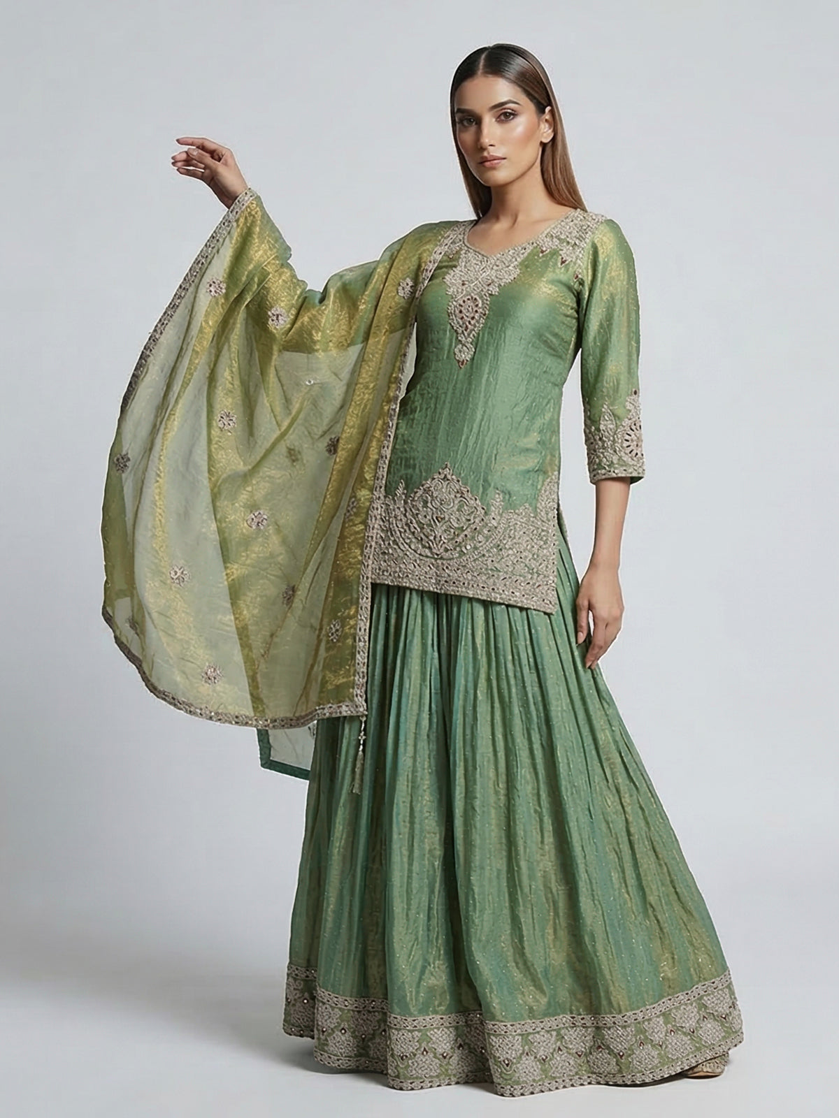 Pastel green silk lehenga style salwar suit with dupatta