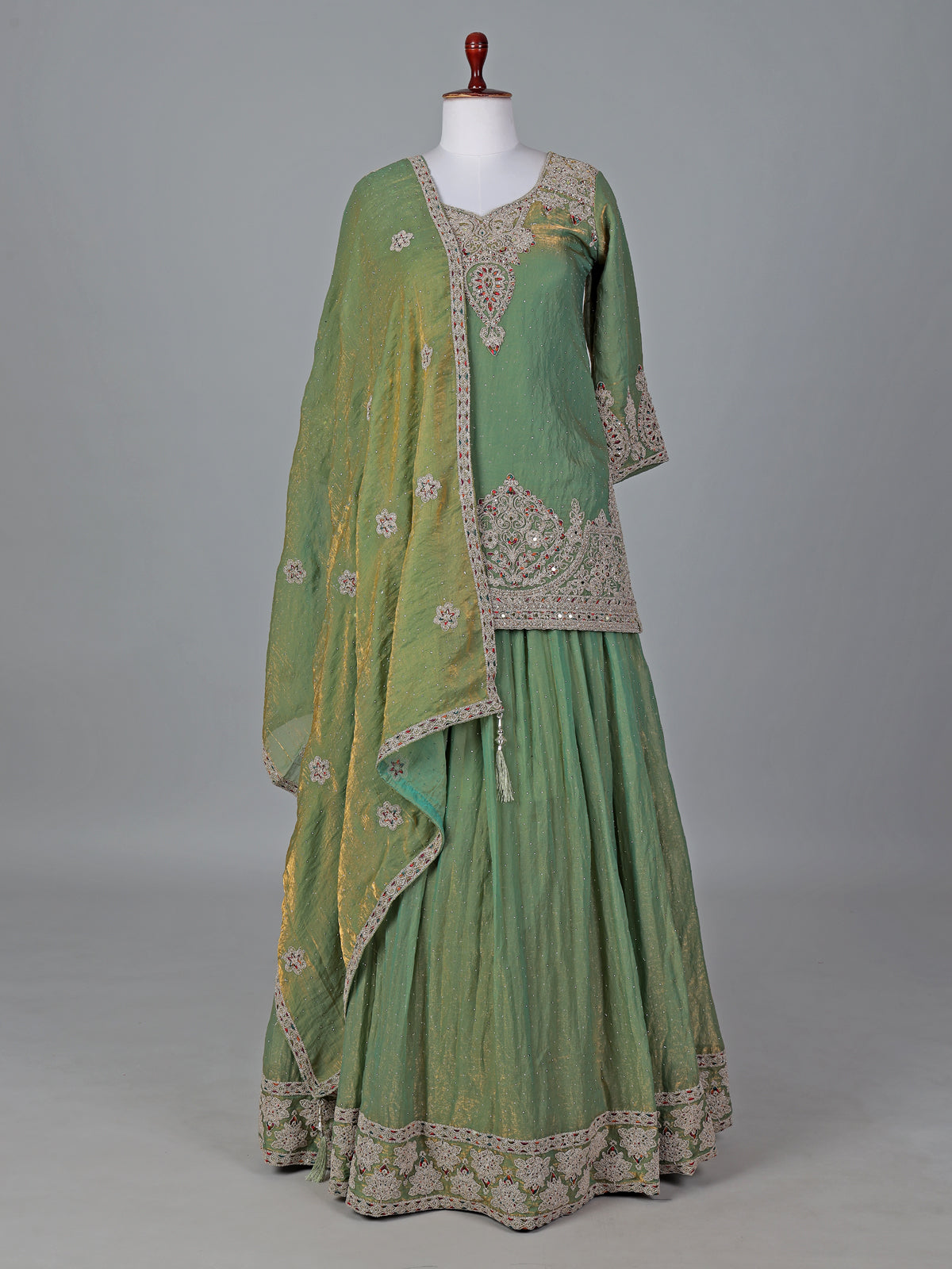 Pastel green silk lehenga style salwar suit with dupatta