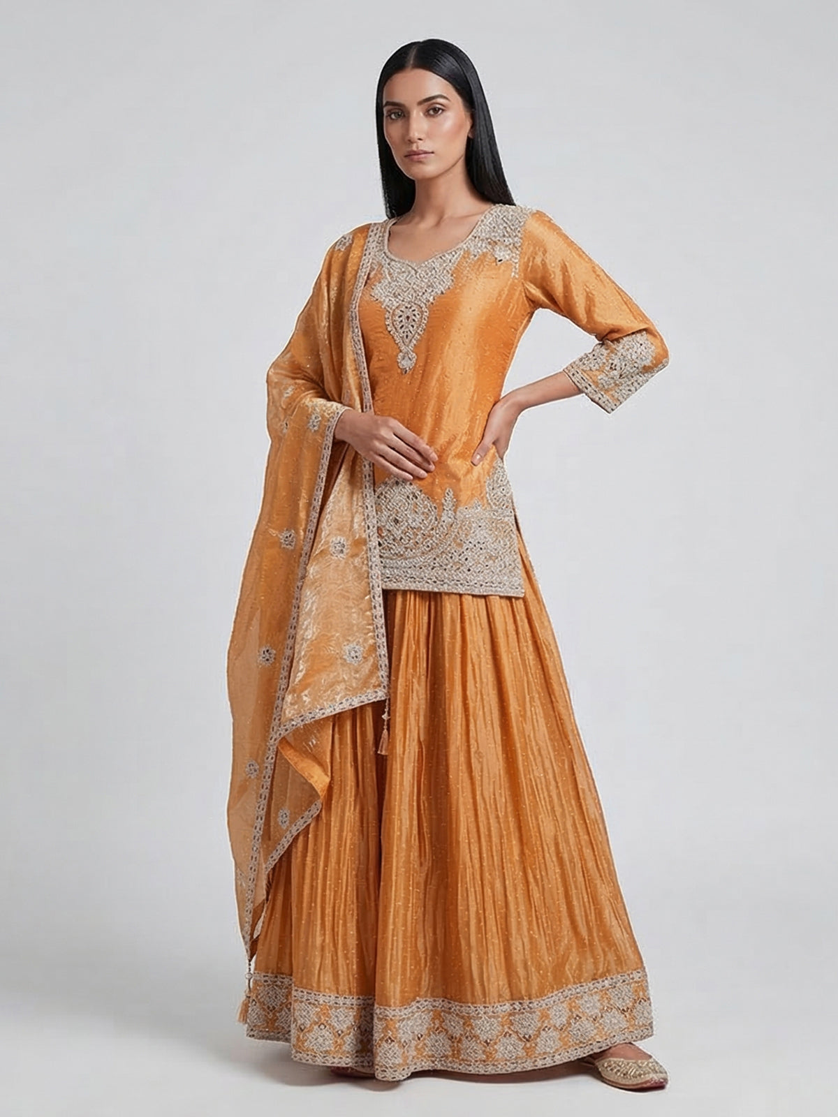 Mustard yellow silk lehenga style festive salwar suit