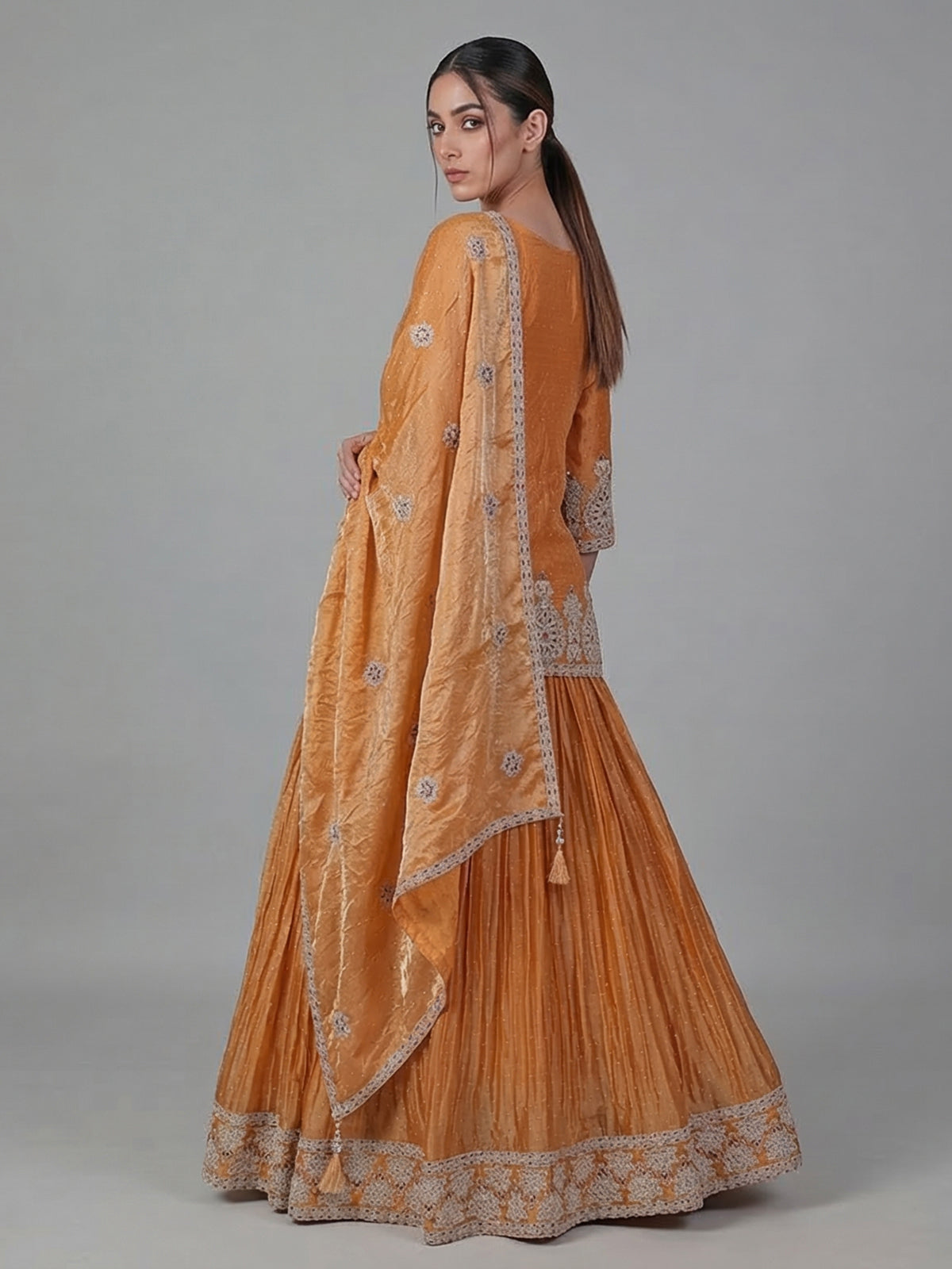 Mustard yellow silk lehenga style festive salwar suit