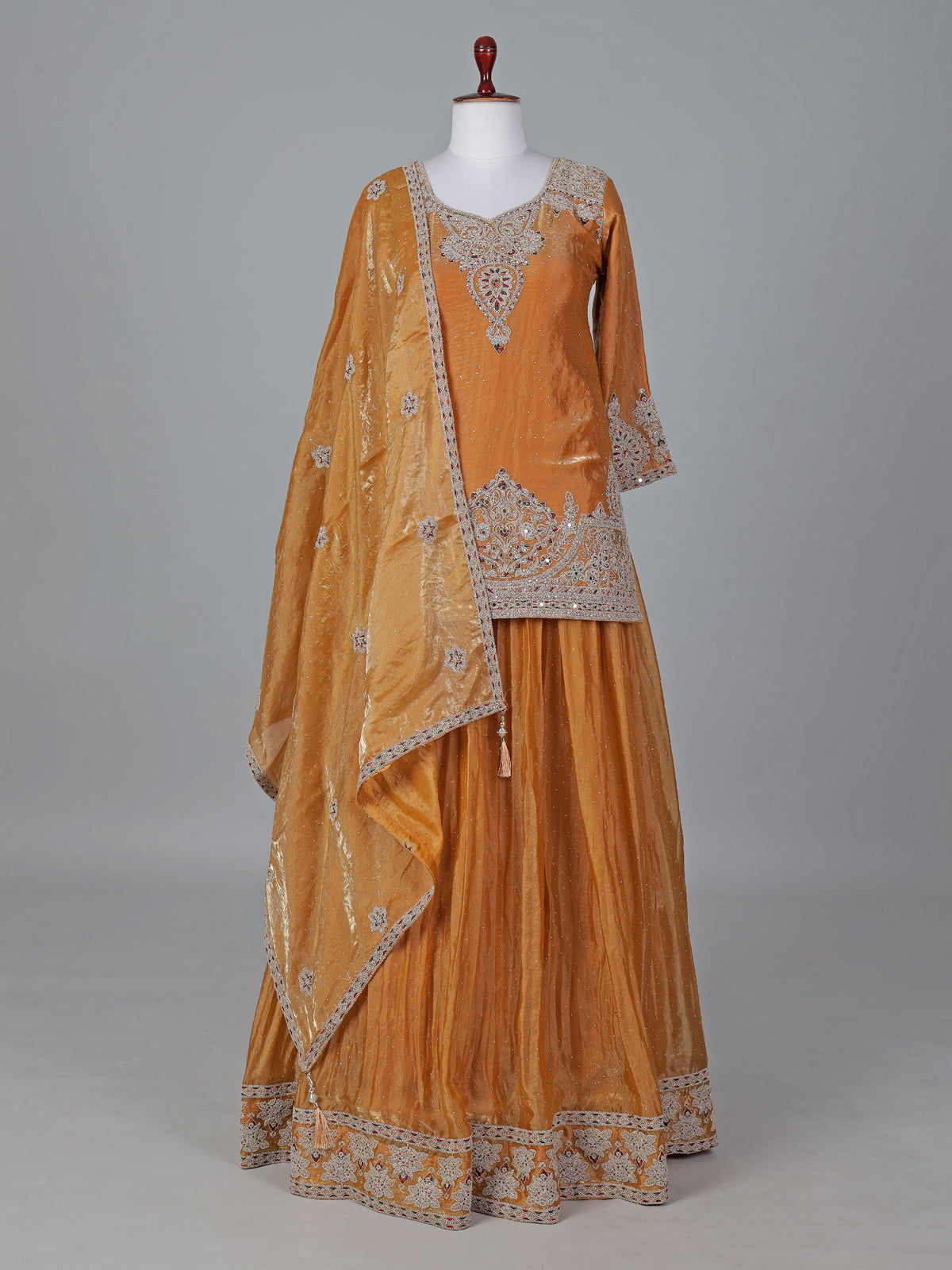 Mustard yellow silk lehenga style festive salwar suit