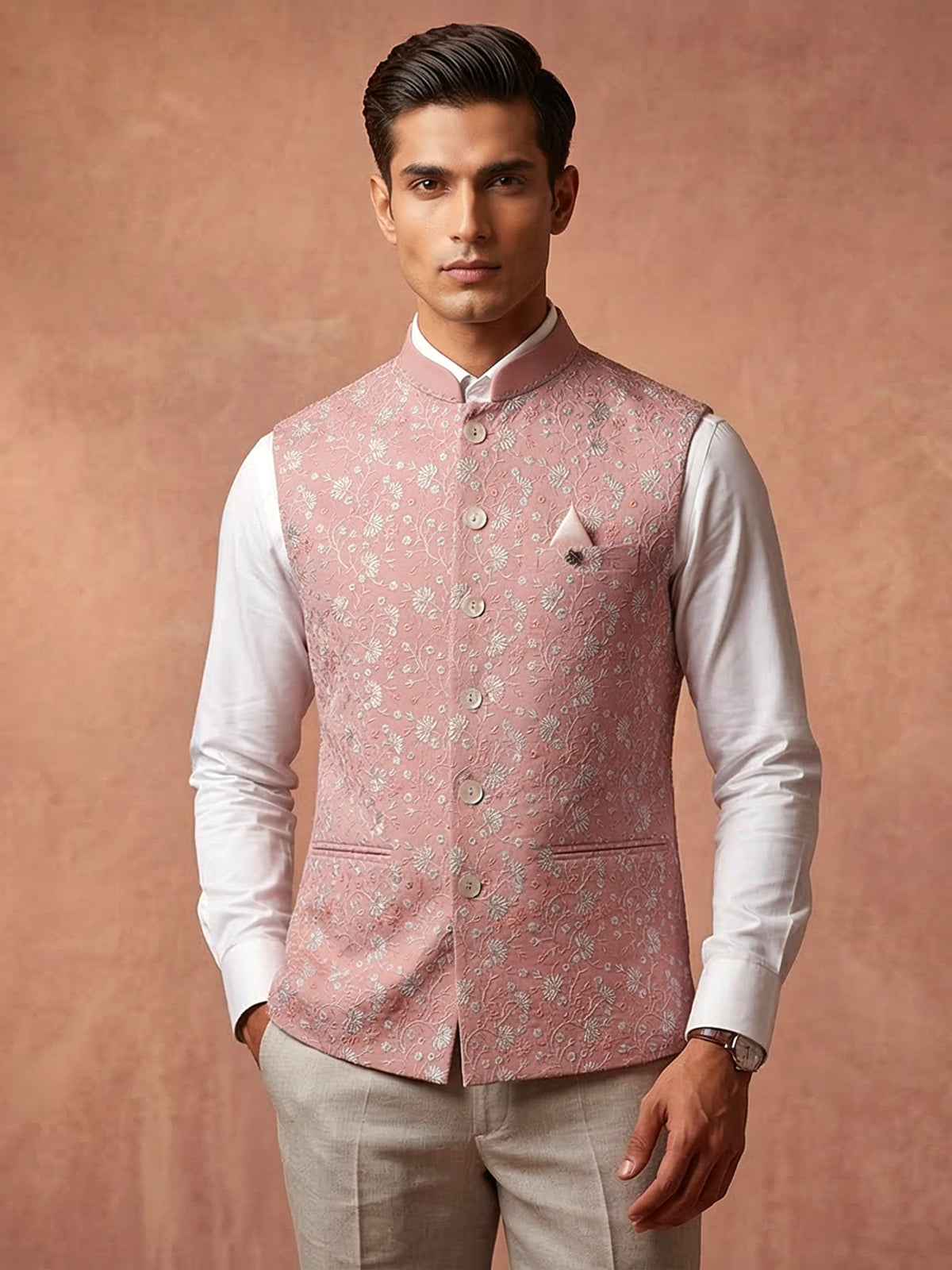 Deep pink embroidery cotton waistcoat for men