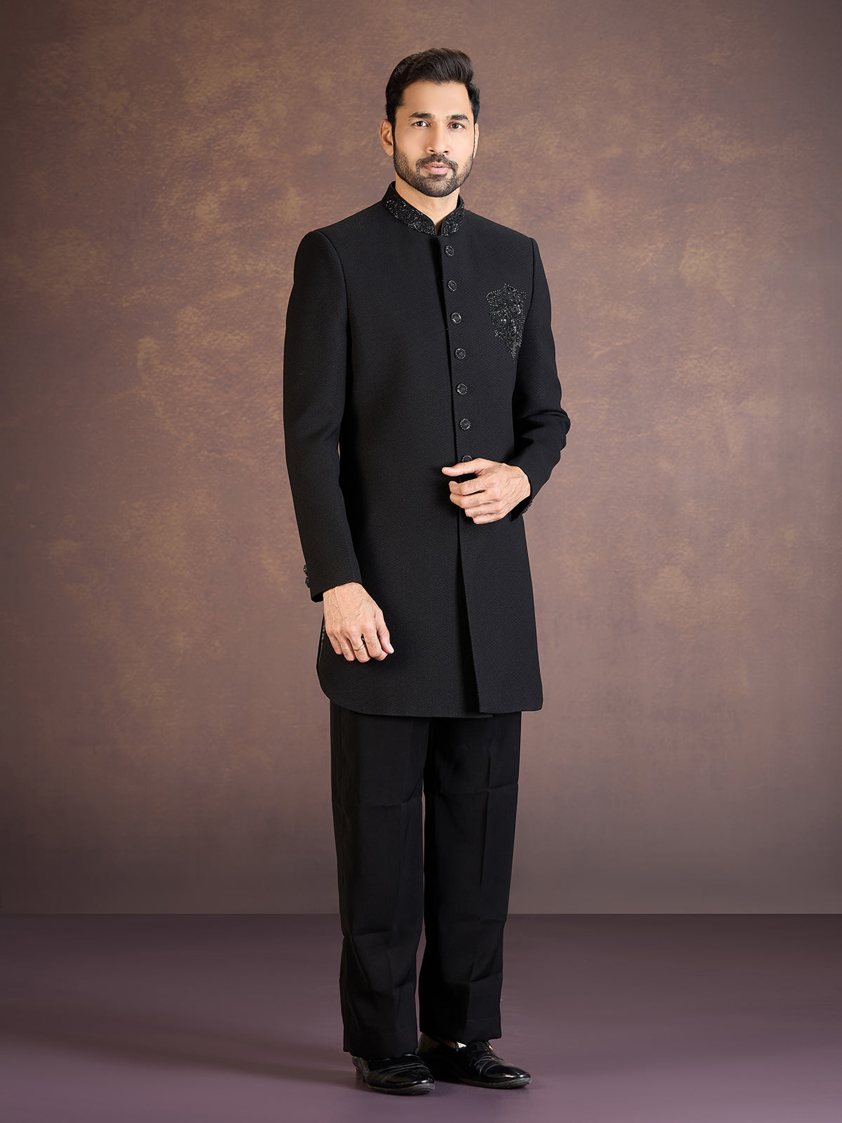 Black jacquard indo western set with beads cutdana work