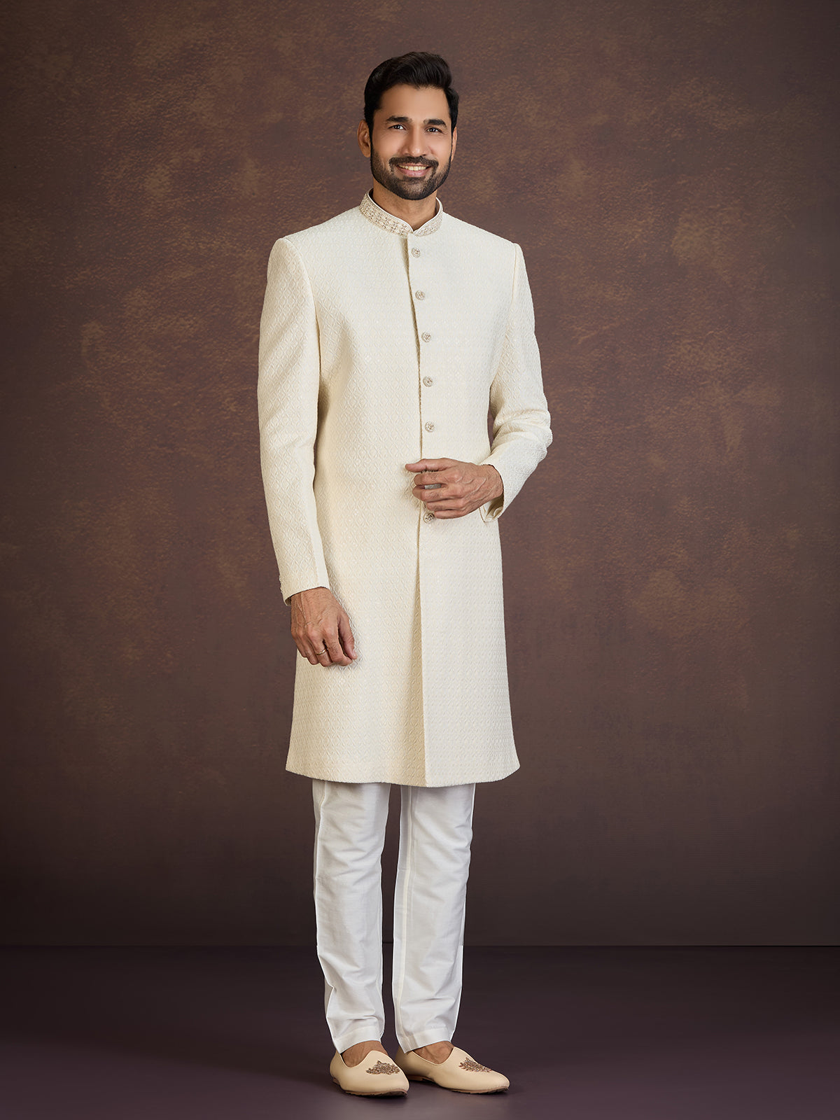 Cream Llucknowi Indo western set with zardosi embroidery