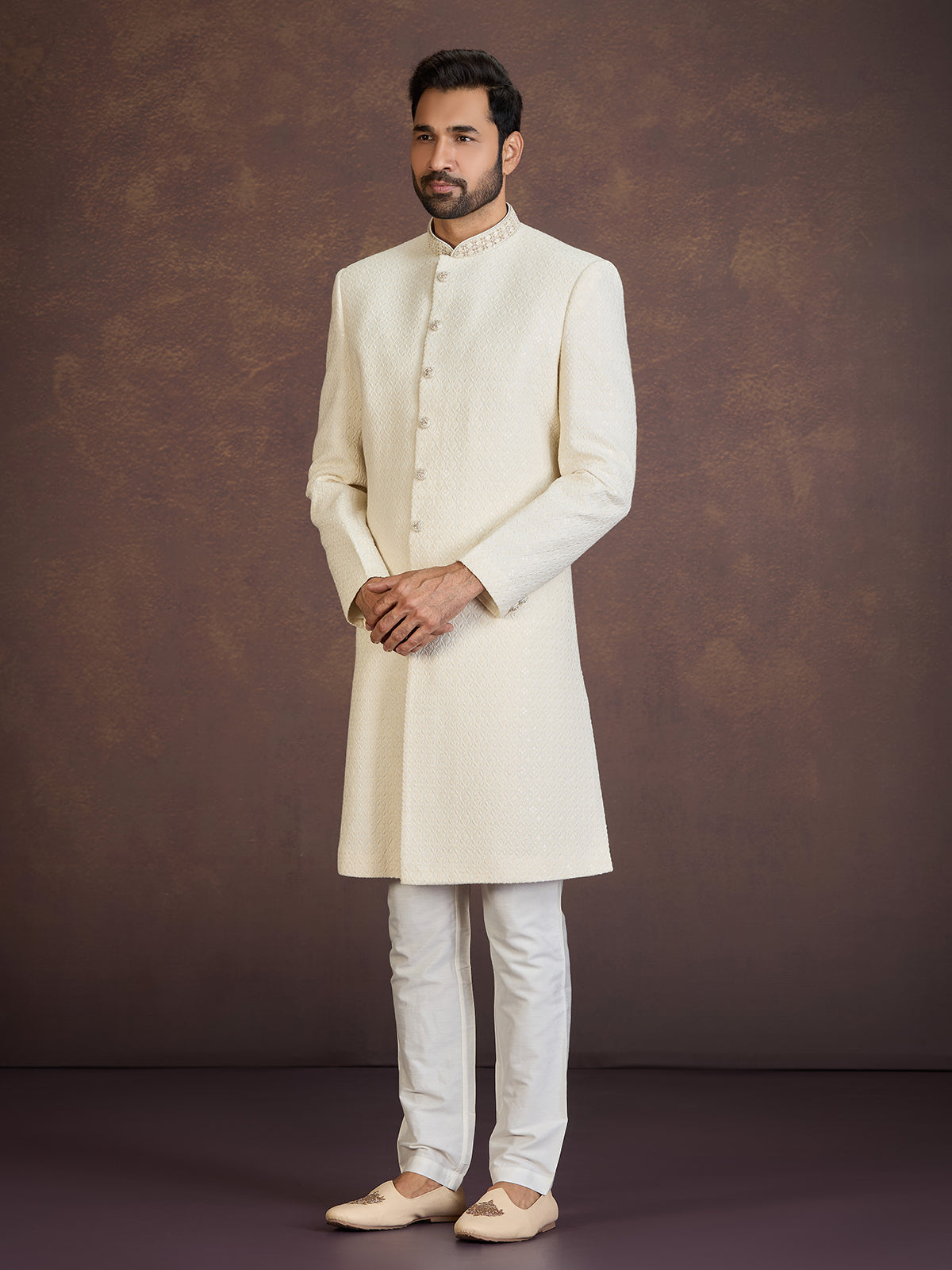 Cream Llucknowi Indo western set with zardosi embroidery