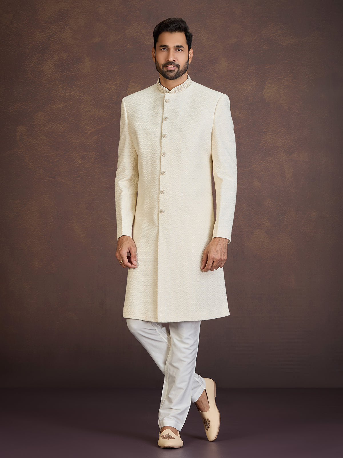 Cream Llucknowi Indo western set with zardosi embroidery