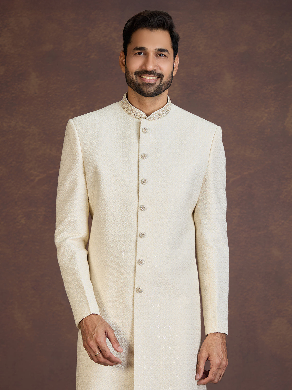 Cream Llucknowi Indo western set with zardosi embroidery