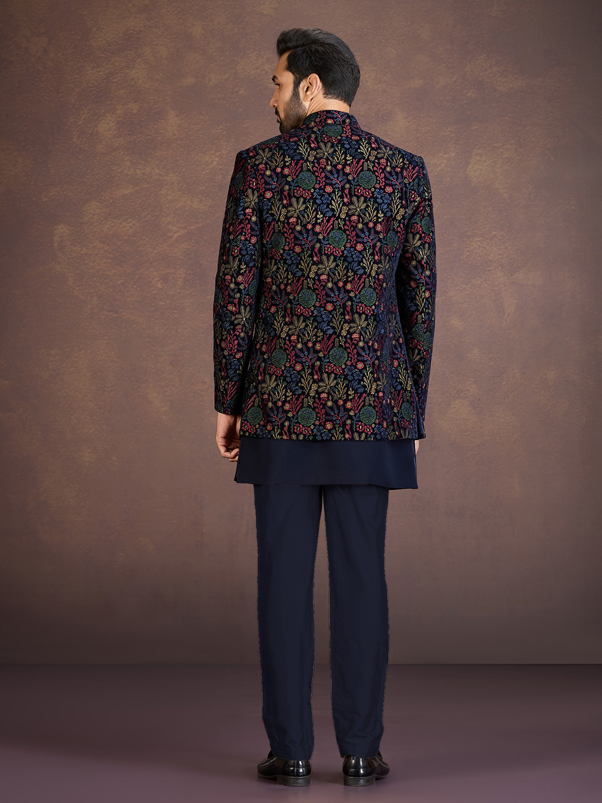 Navy blue velvet Indo western jacket set with embroidery