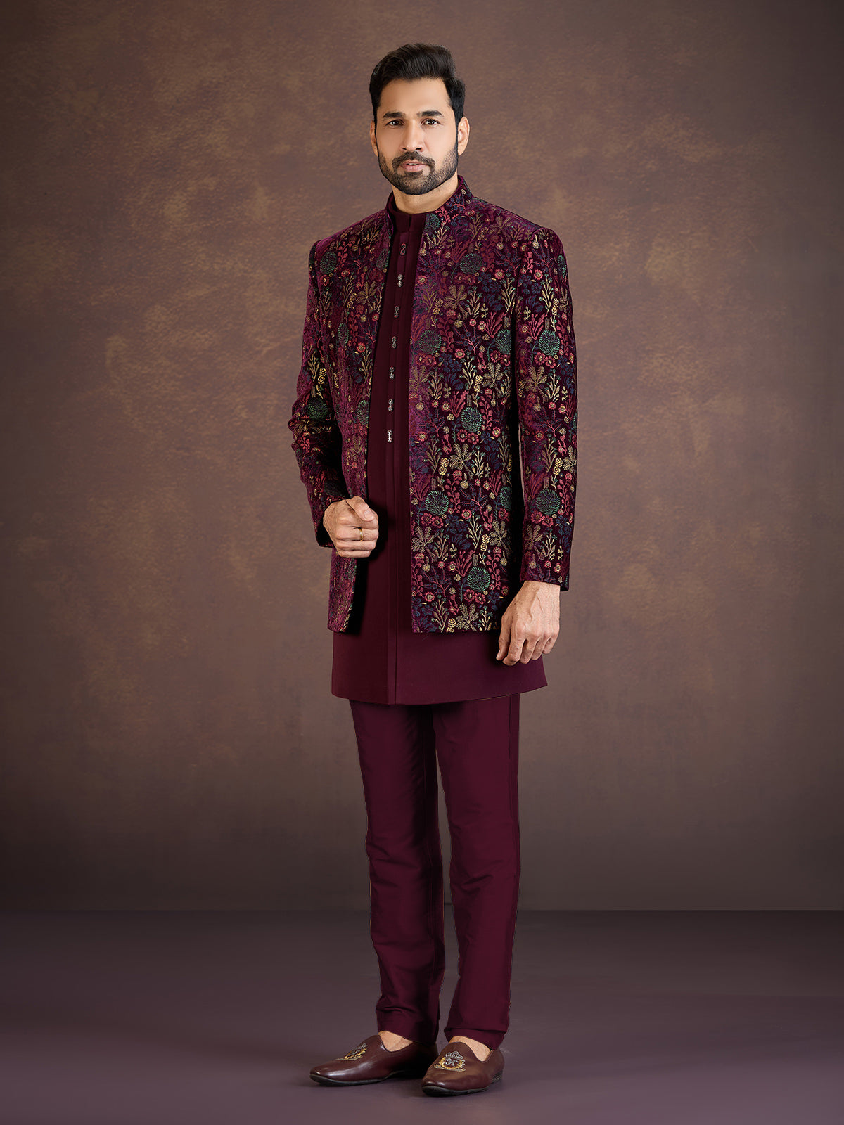 Wine velvet Indo western jacket set with multicolour embroidery