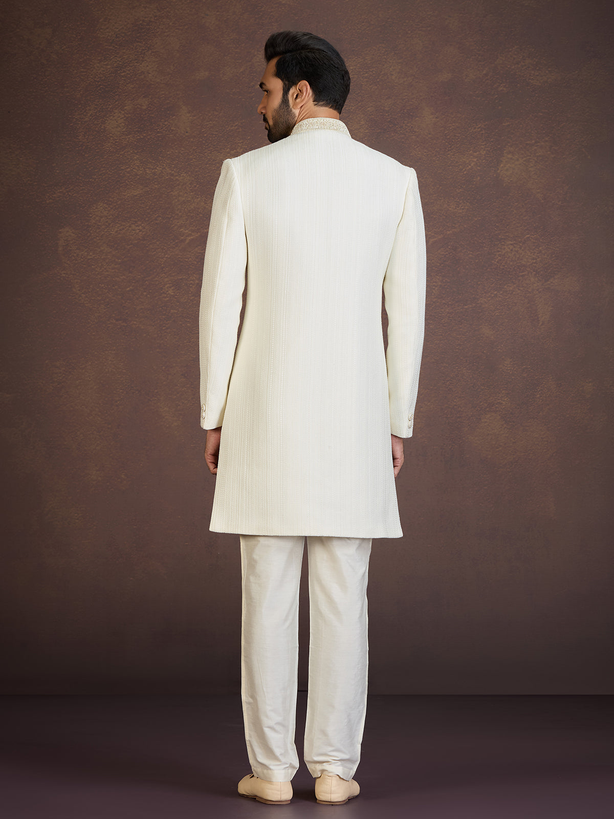 Cream jacquard indo western set with zardosi embellishment
