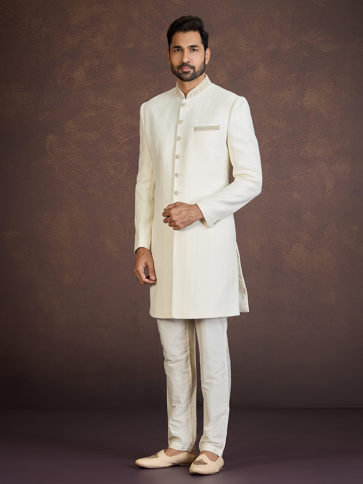 Cream jacquard indo western set with zardosi embellishment