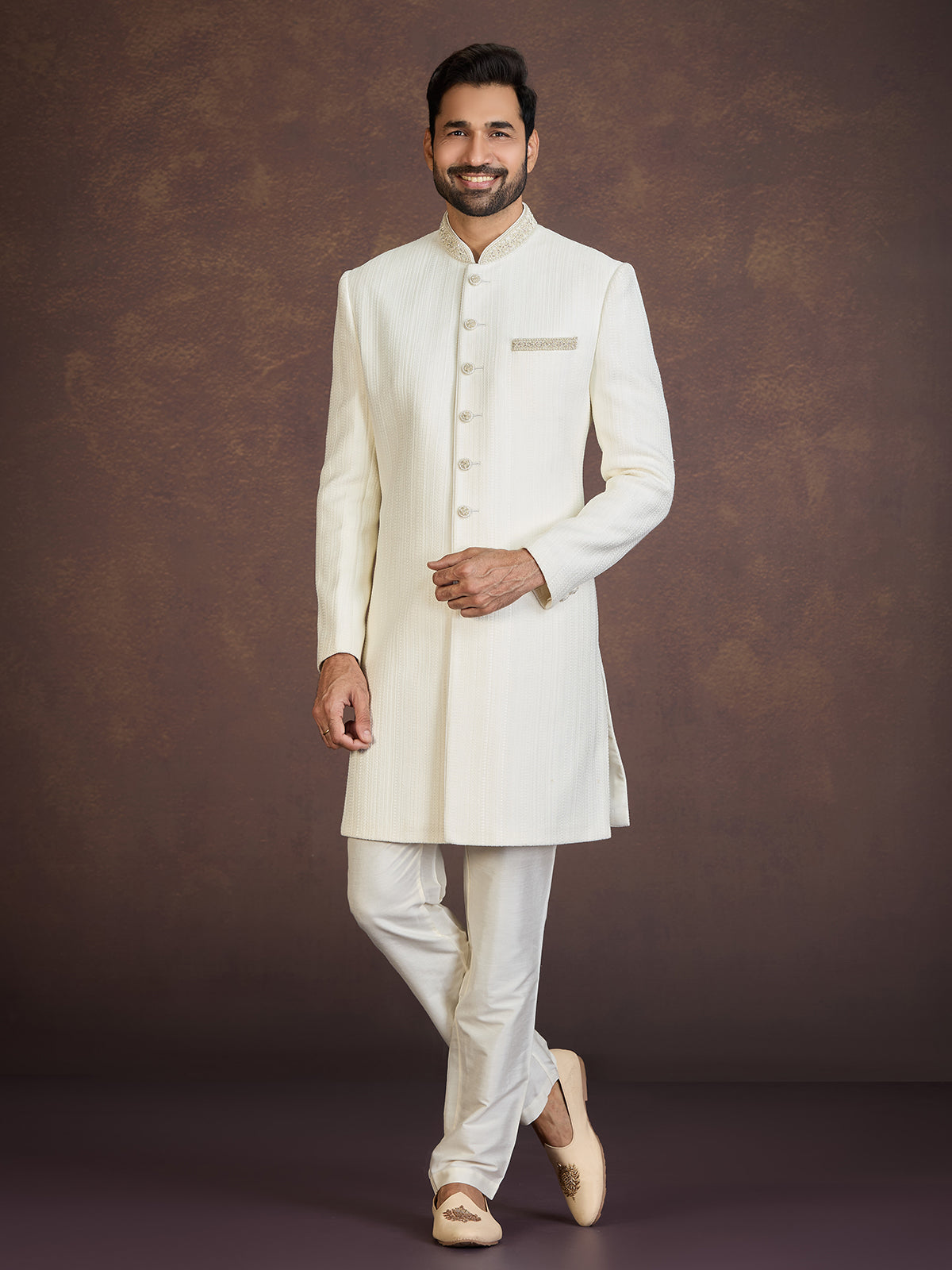 Cream jacquard indo western set with zardosi embellishment