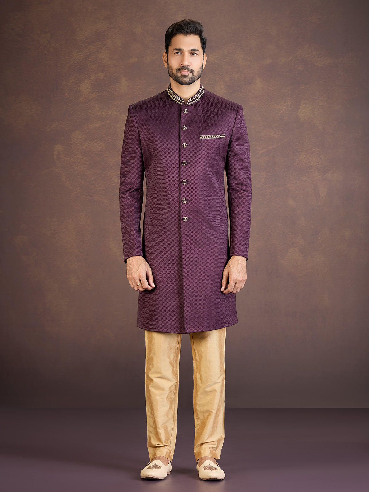 Wine jacquard Indo western set with embroidered detailing