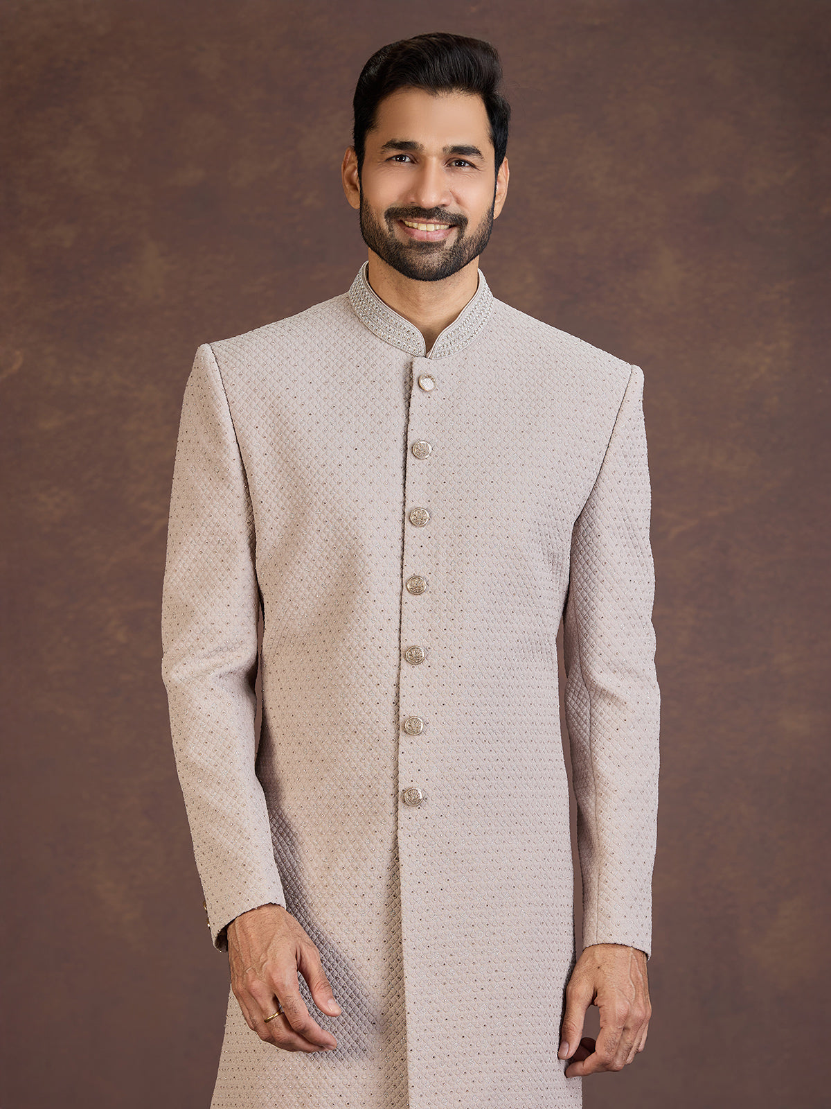 Light brown jacquard indo western set with stone work