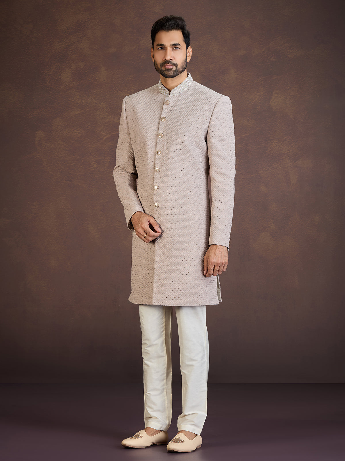 Light brown jacquard indo western set with stone work