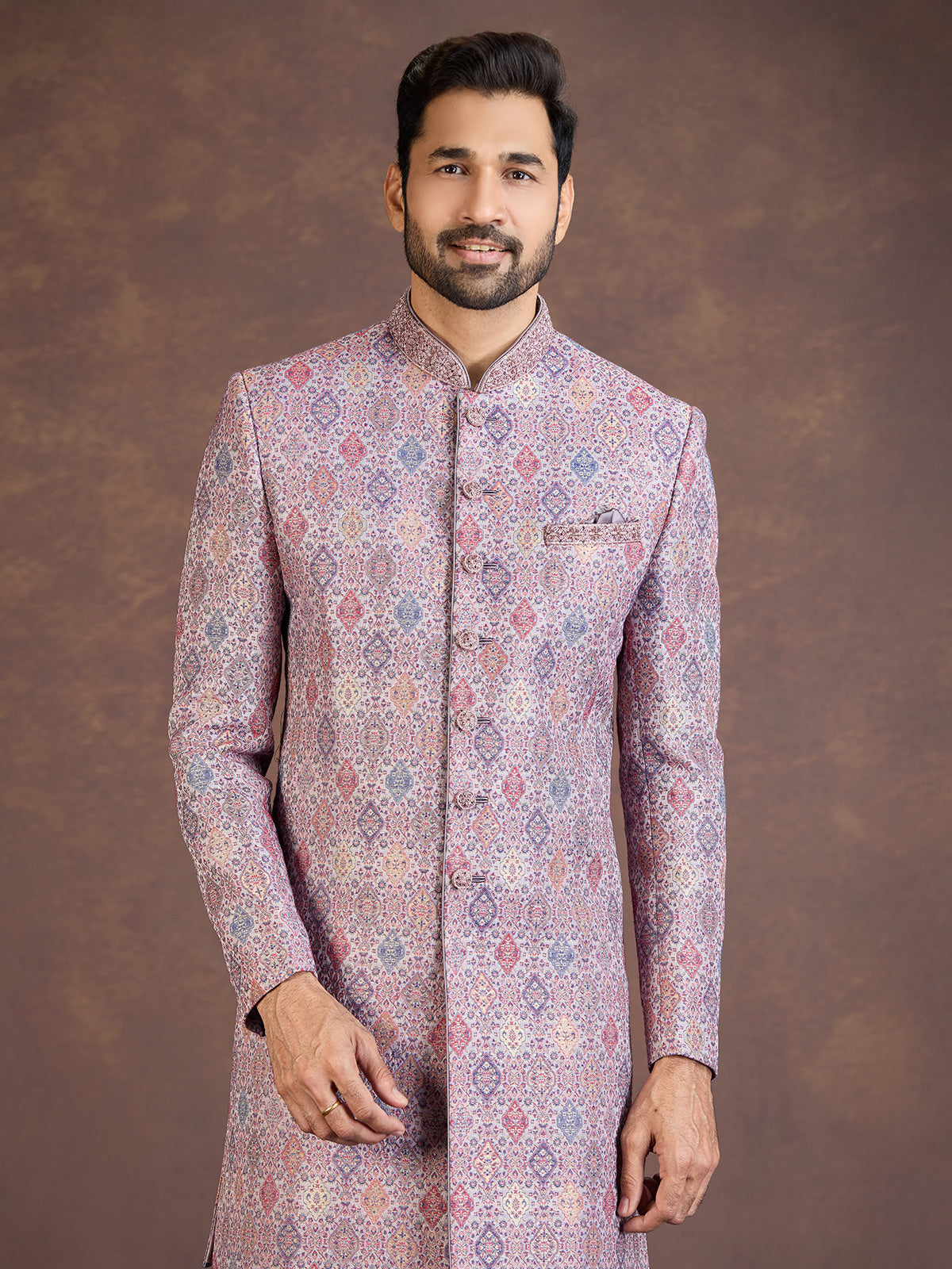 Multicolour jacquard indo western set with embellished embroidery