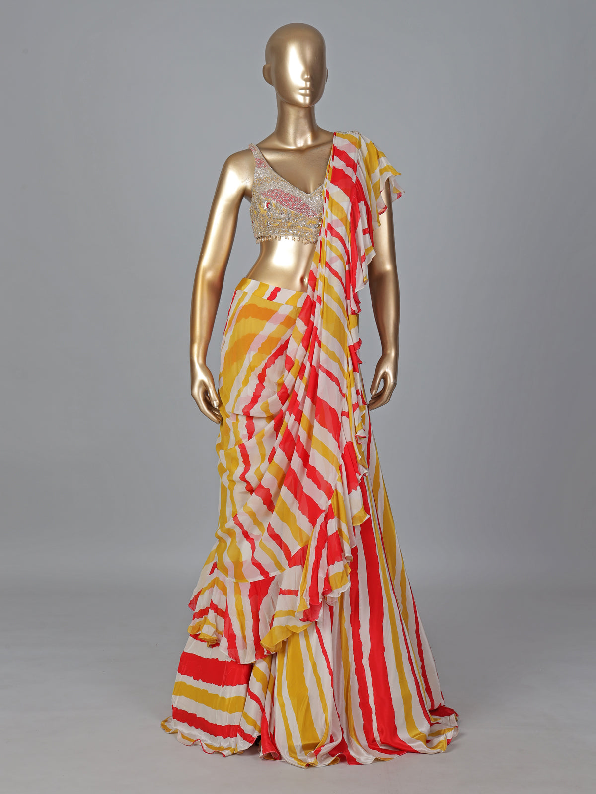 Yellow chiffon silk printed ready to wear saree