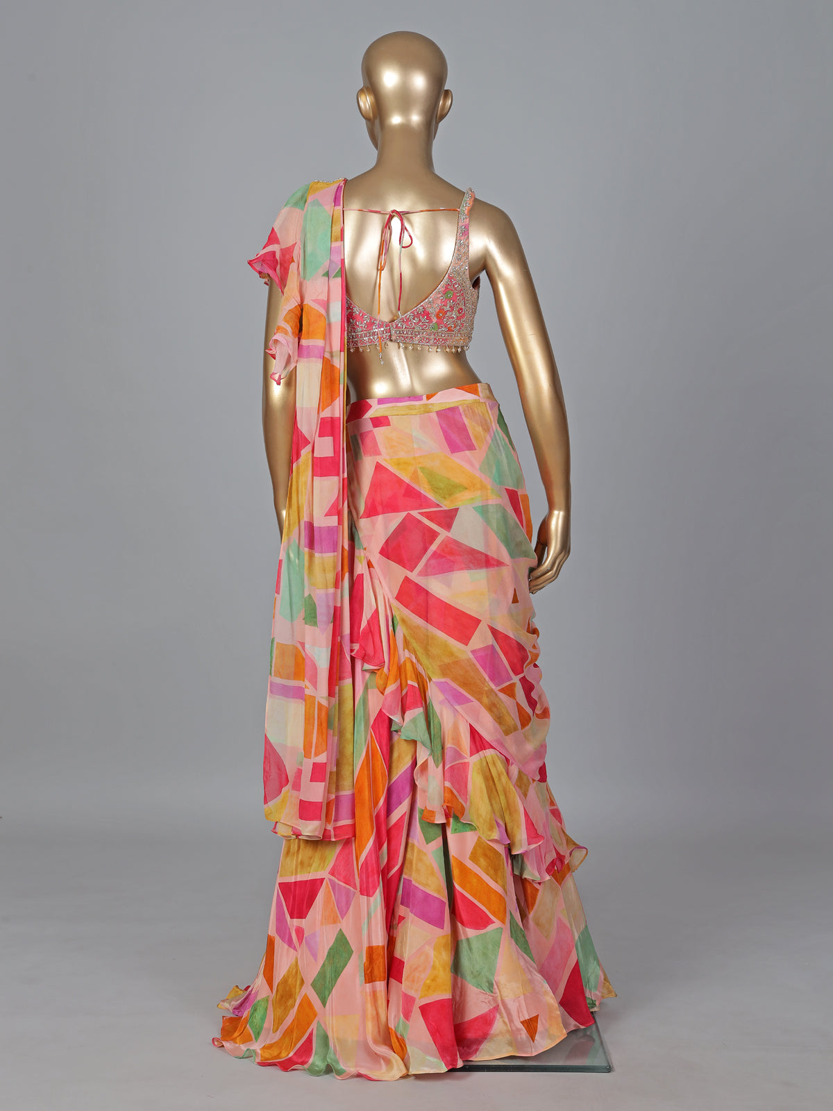 Peach chiffon silk printed ready to wear party saree