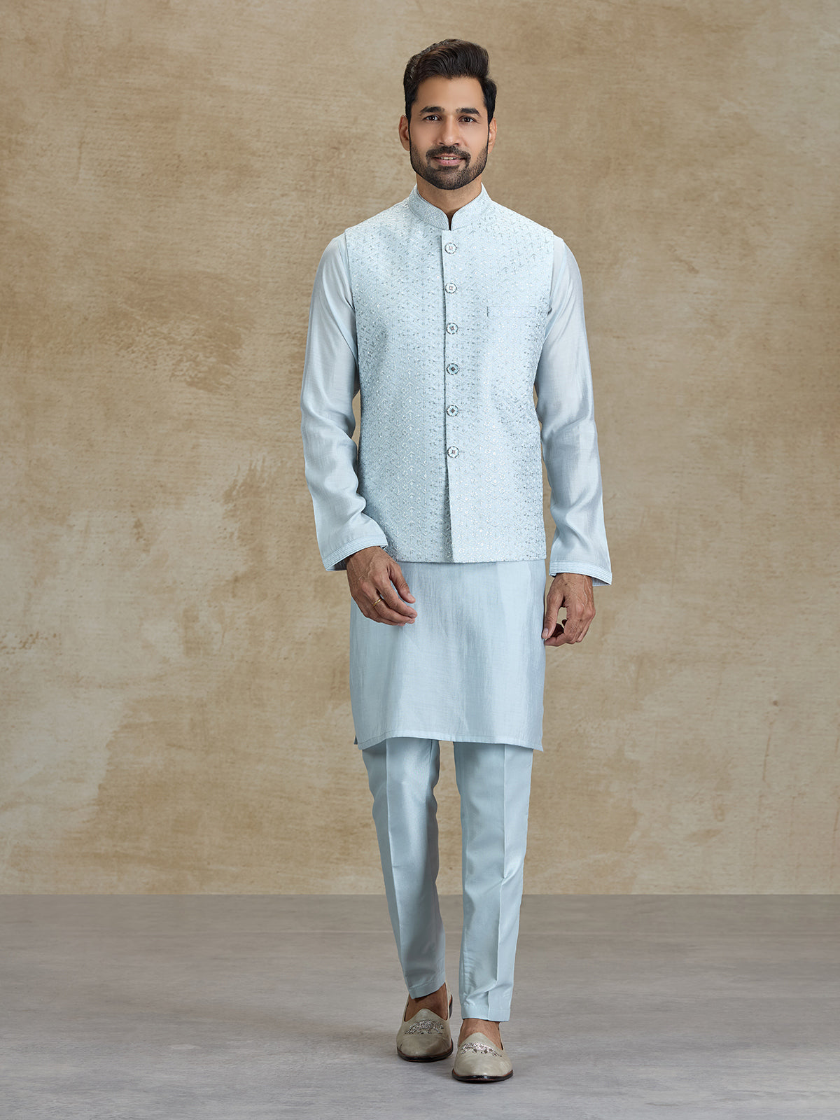 Light grey silk embroidered weaving waistcoat set