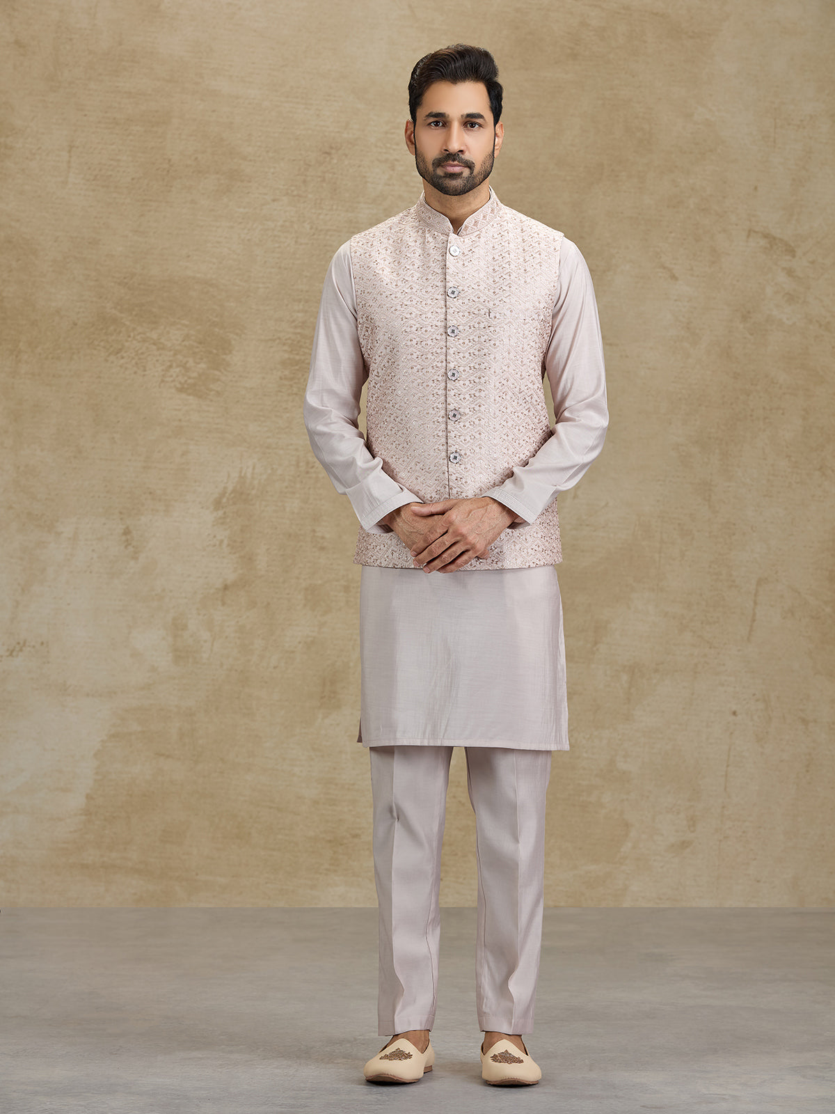 Light peach silk embroidered waistcoat set