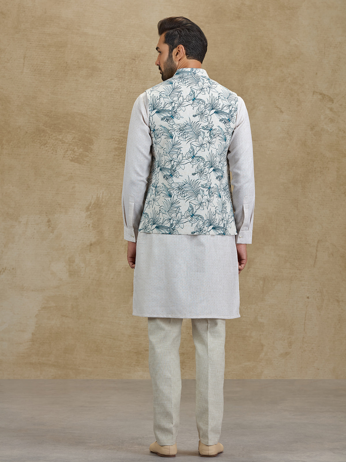 Off white and blue floral printed silk waistcoat set