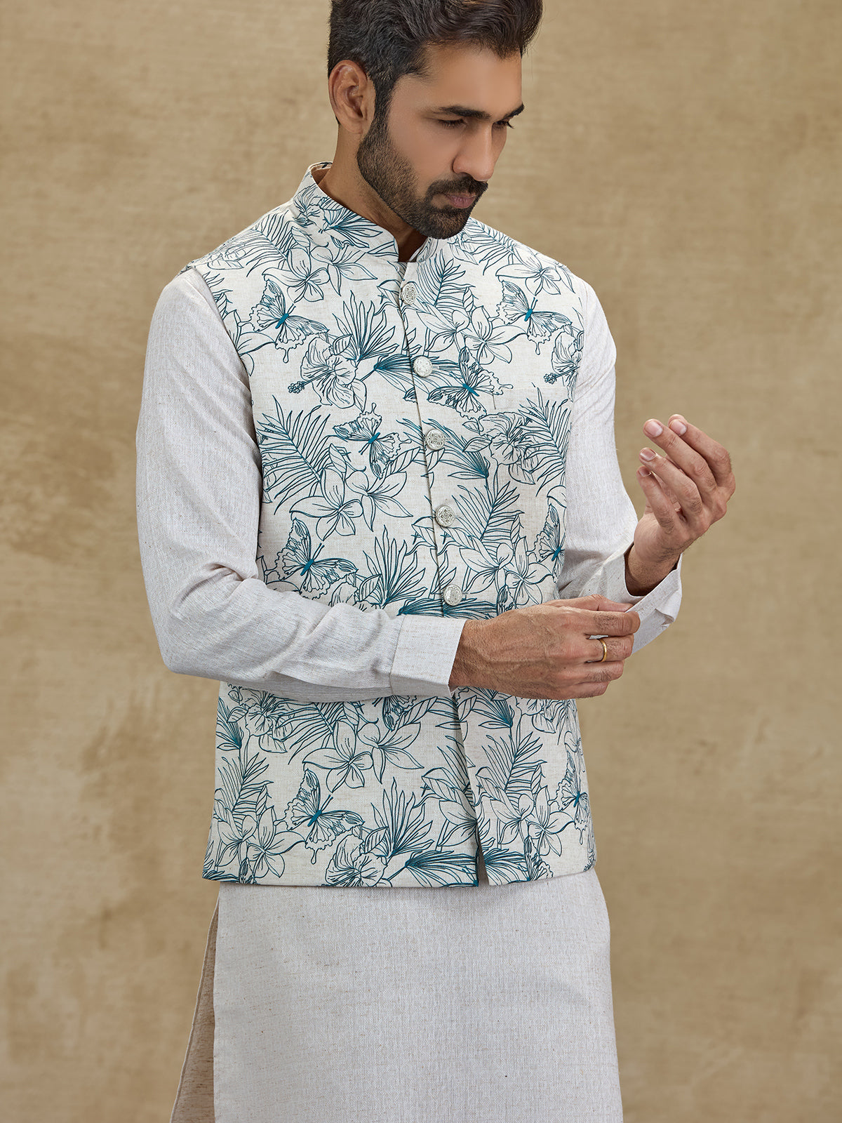 Off white and blue floral printed silk waistcoat set