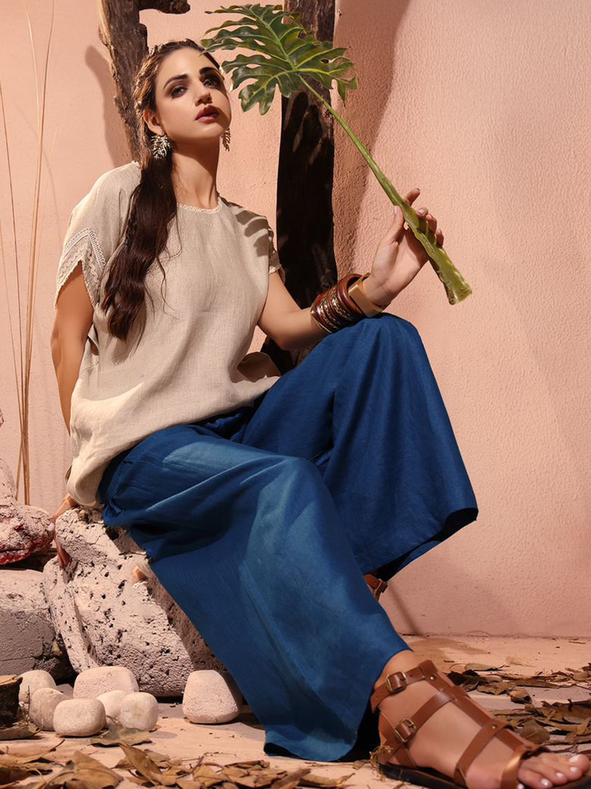Beige and blue linen co ord set for women