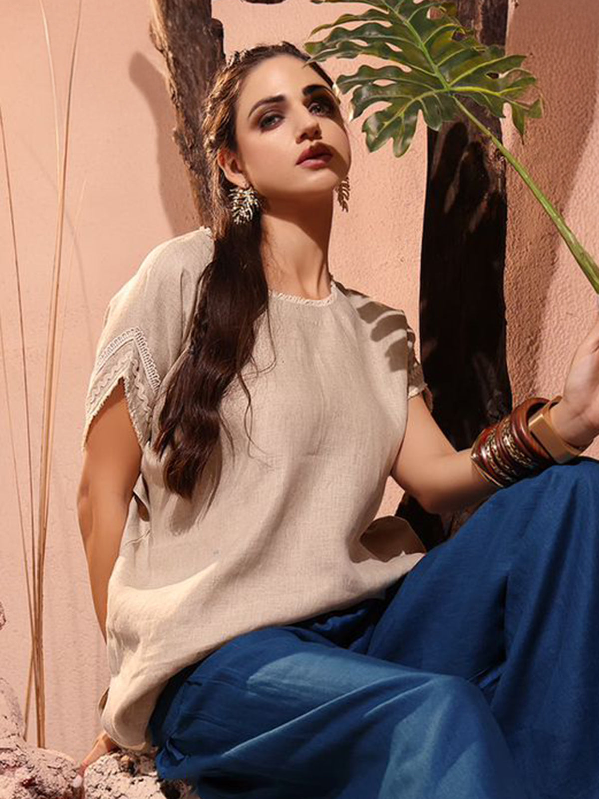 Beige and blue linen co ord set for women
