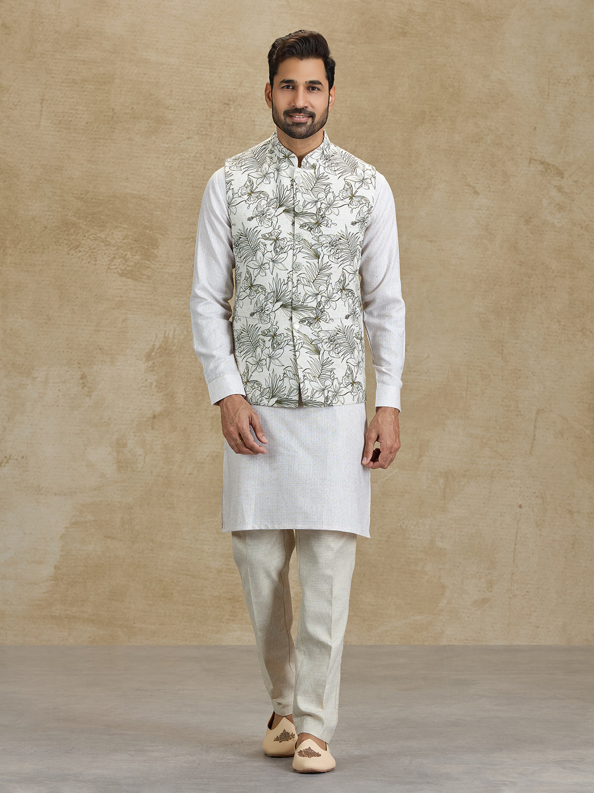 Off white and olive floral printed silk waistcoat set