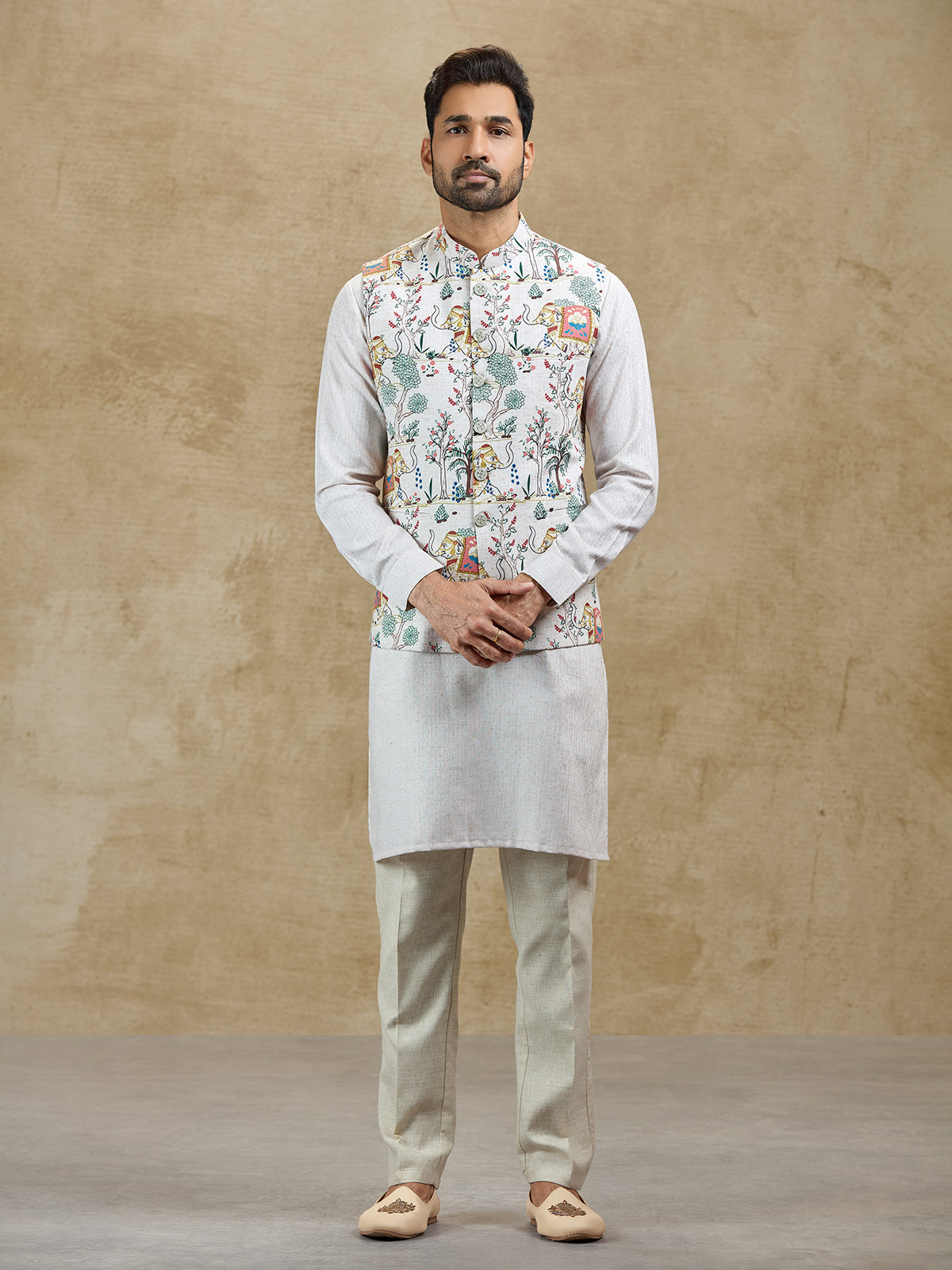 Cream printed silk waistcoat set festive ethnic wear