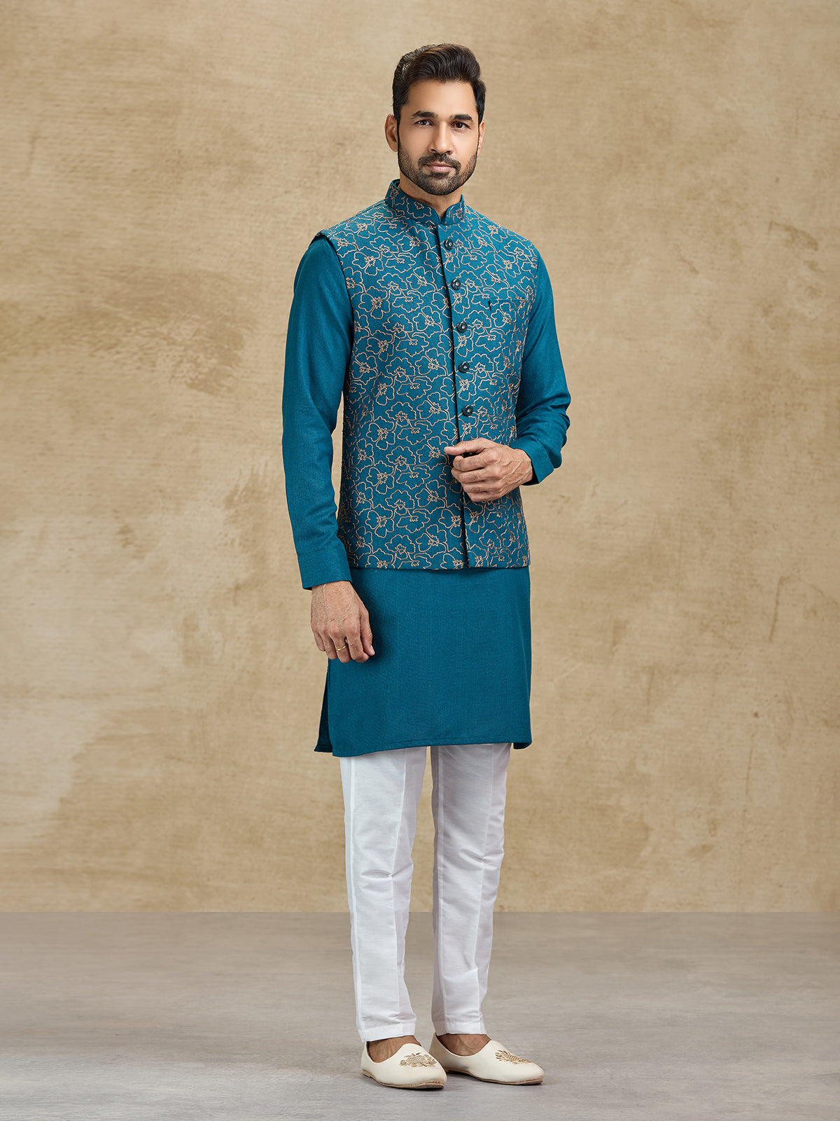 Rama green woven jacquard silk waistcoat set