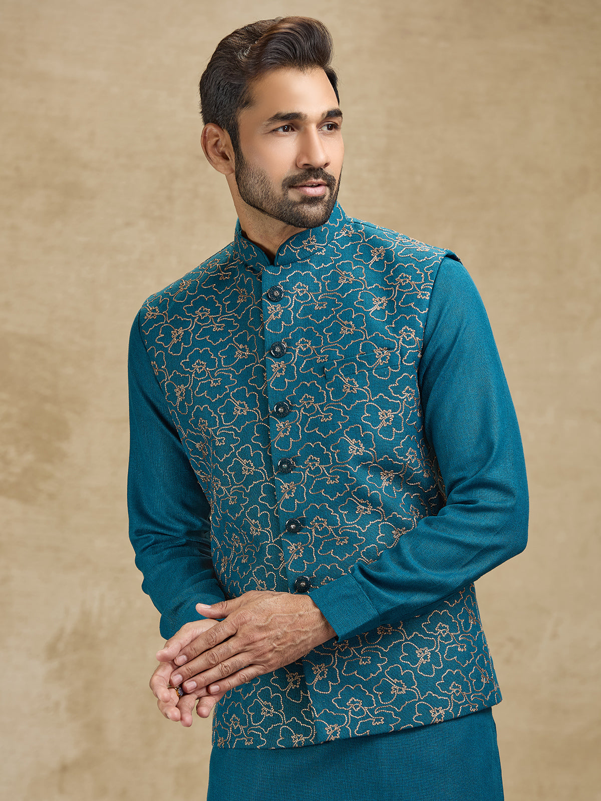 Rama green woven jacquard silk waistcoat set