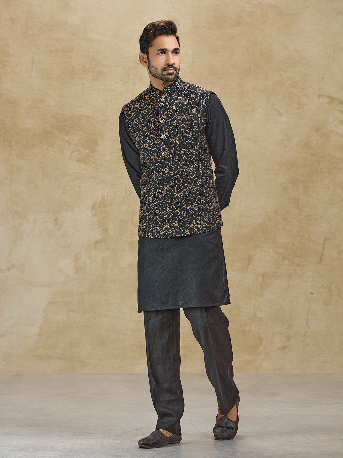Black jacquard woven silk waistcoat set for men