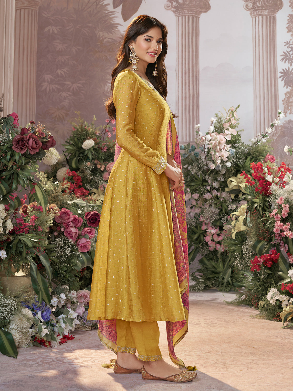 Yellow cotton silk anarkali suit with printed dupatta