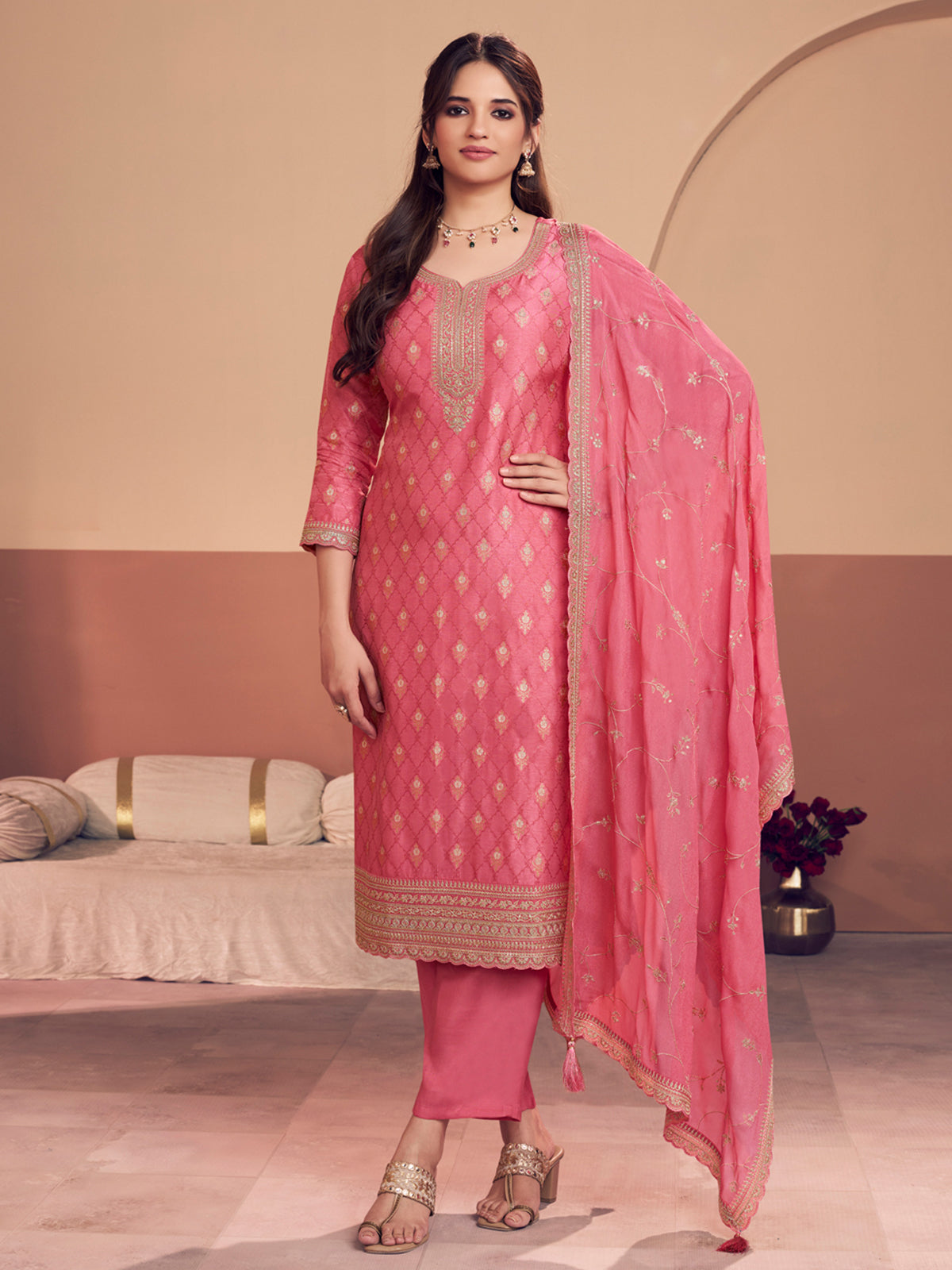Peach festive wear silk salwar suit for women