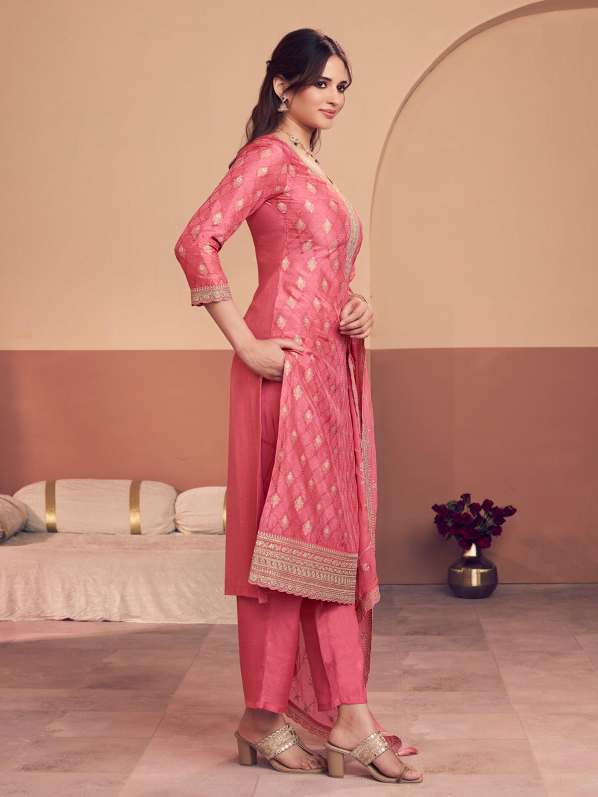 Peach festive wear silk salwar suit for women