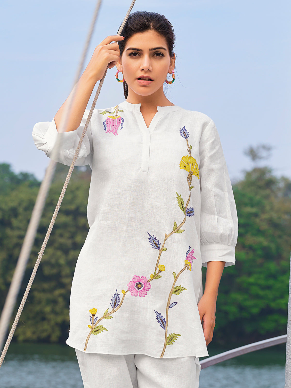 White linen embroidered casual co ord set with stand collar